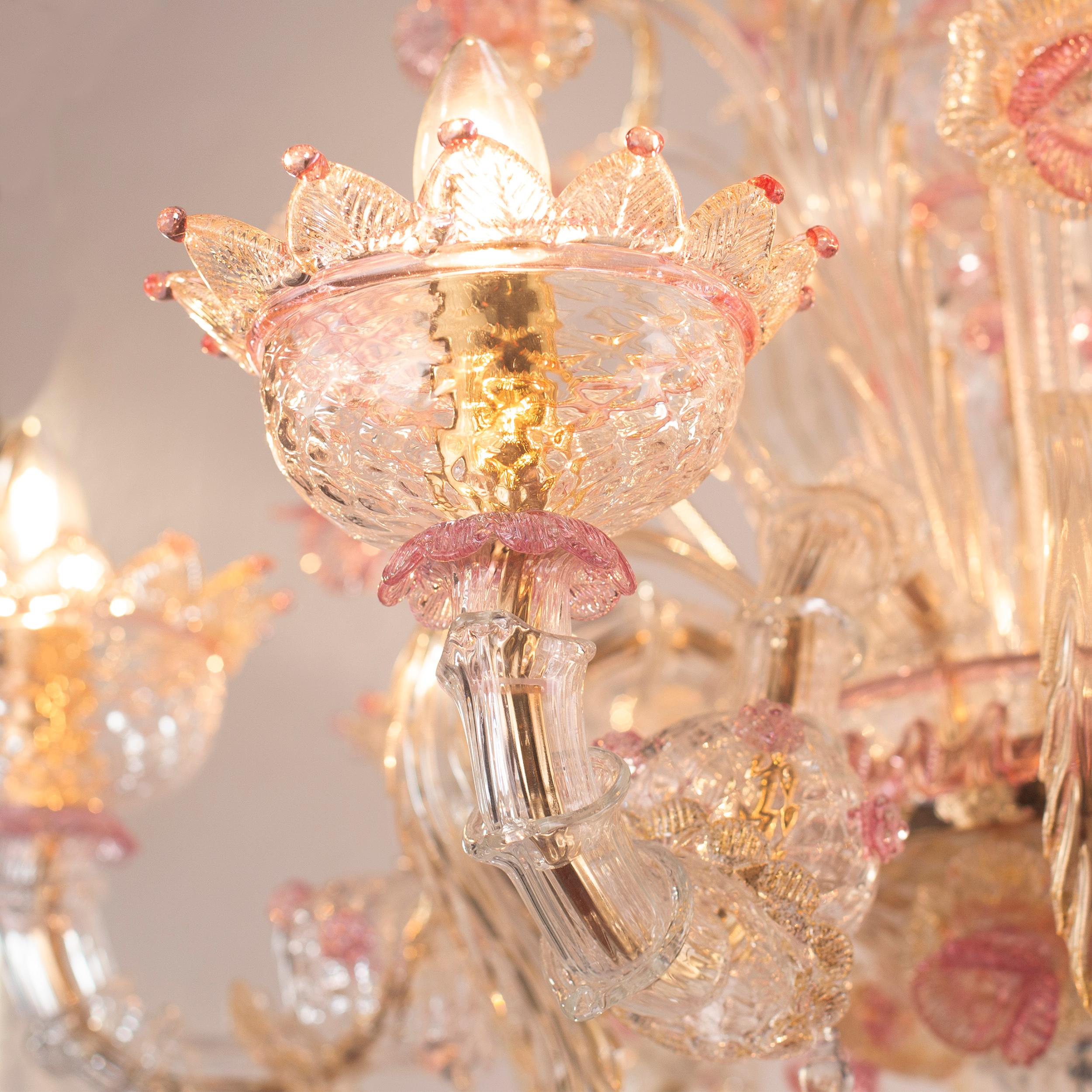 Rezzonico Lámpara de araña de 6 brazos Artistic Clear Gold Pink Glass Flowers Multiforme Italiano en venta