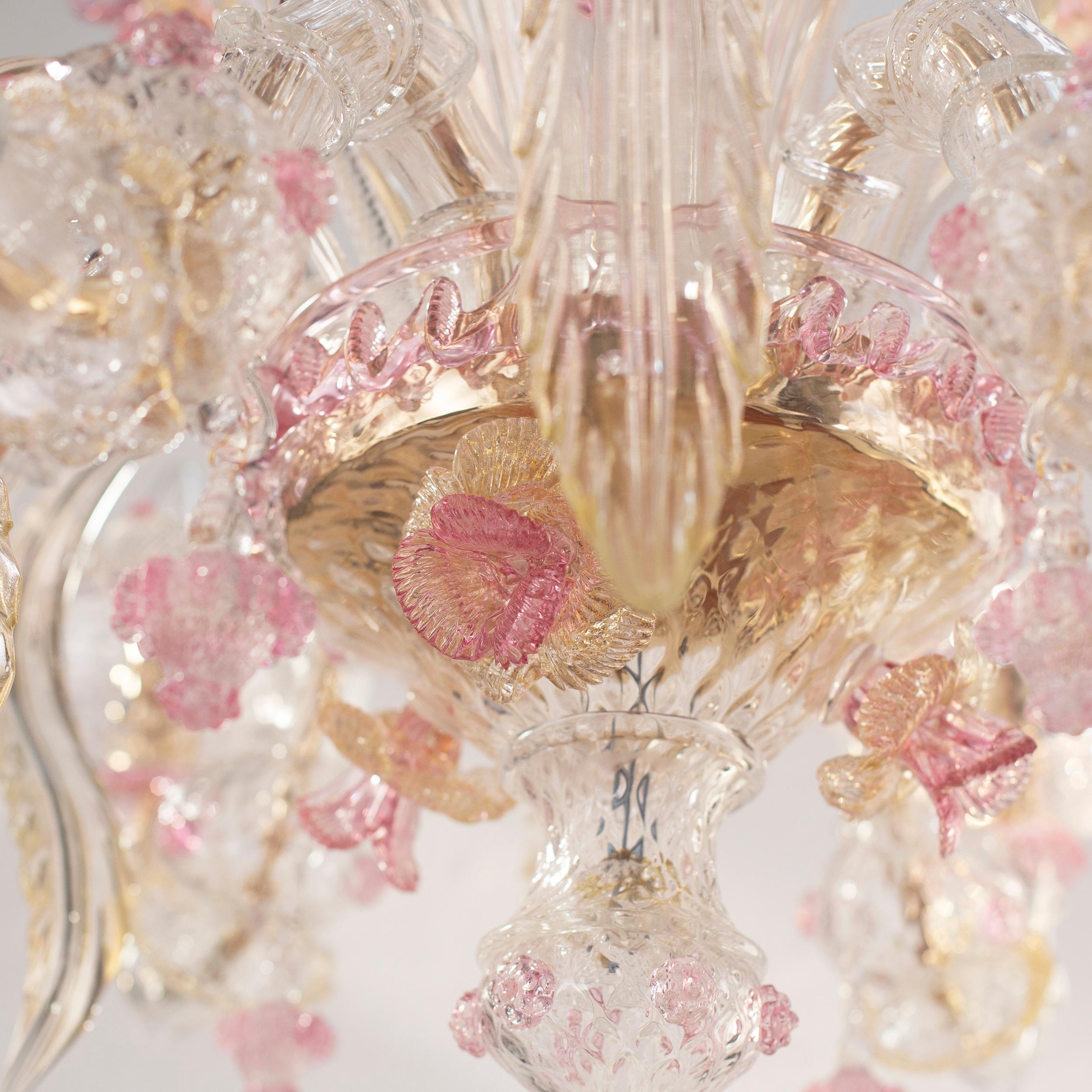 Rezzonico Lámpara de araña de 6 brazos Artistic Clear Gold Pink Glass Flowers Multiforme en Nuevo estado para la venta en Trebaseleghe, IT