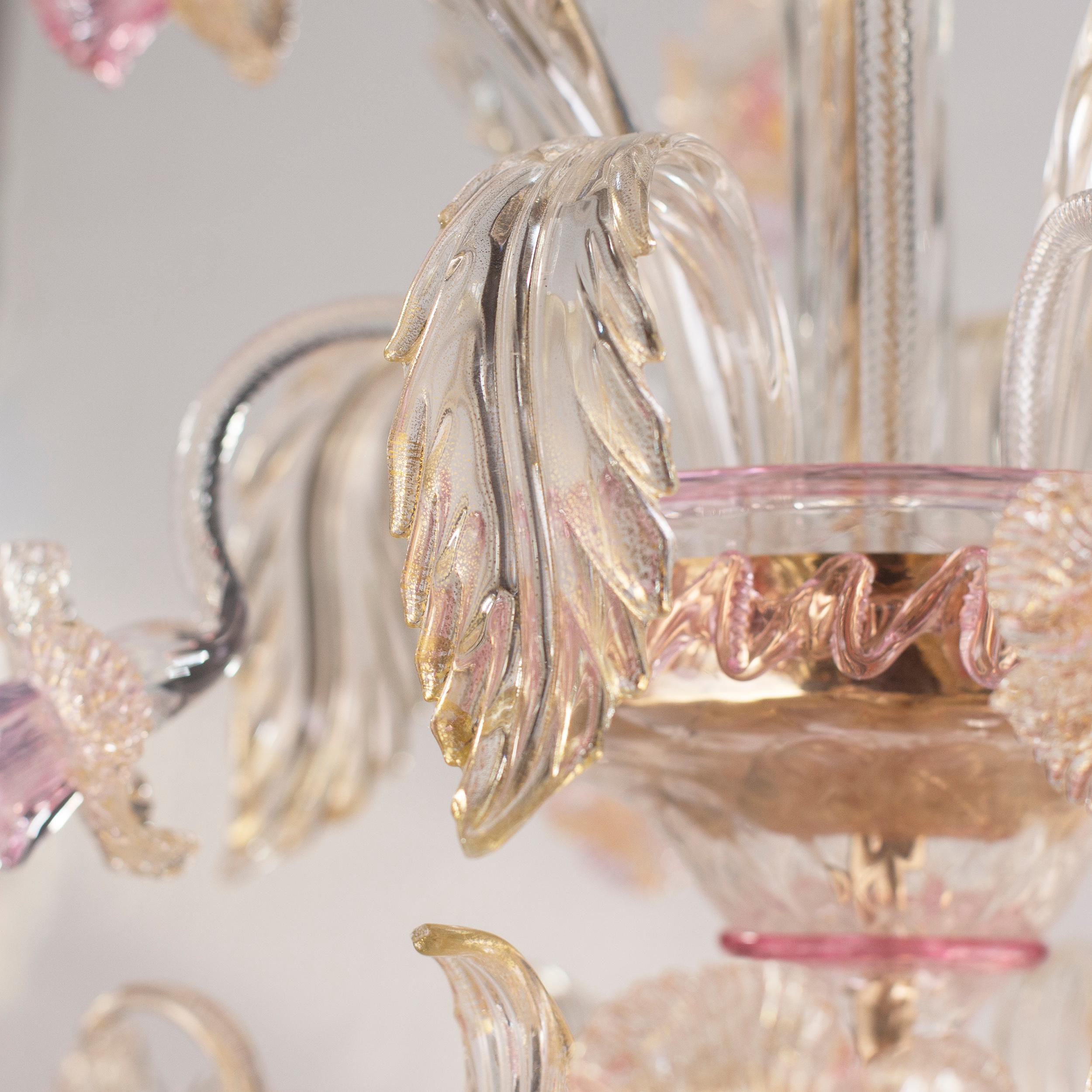 Rezzonico Lámpara de araña de 6 brazos Artistic Clear Gold Pink Glass Flowers Multiforme Siglo XXI y contemporáneo en venta