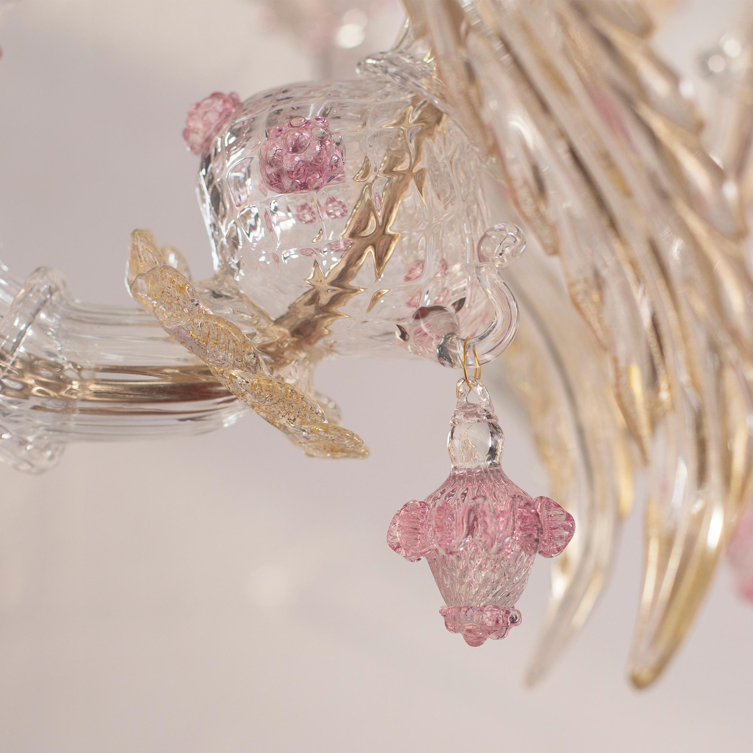 Rezzonico Lámpara de araña de 6 brazos Artistic Clear Gold Pink Glass Flowers Multiforme Vidrio soplado en venta