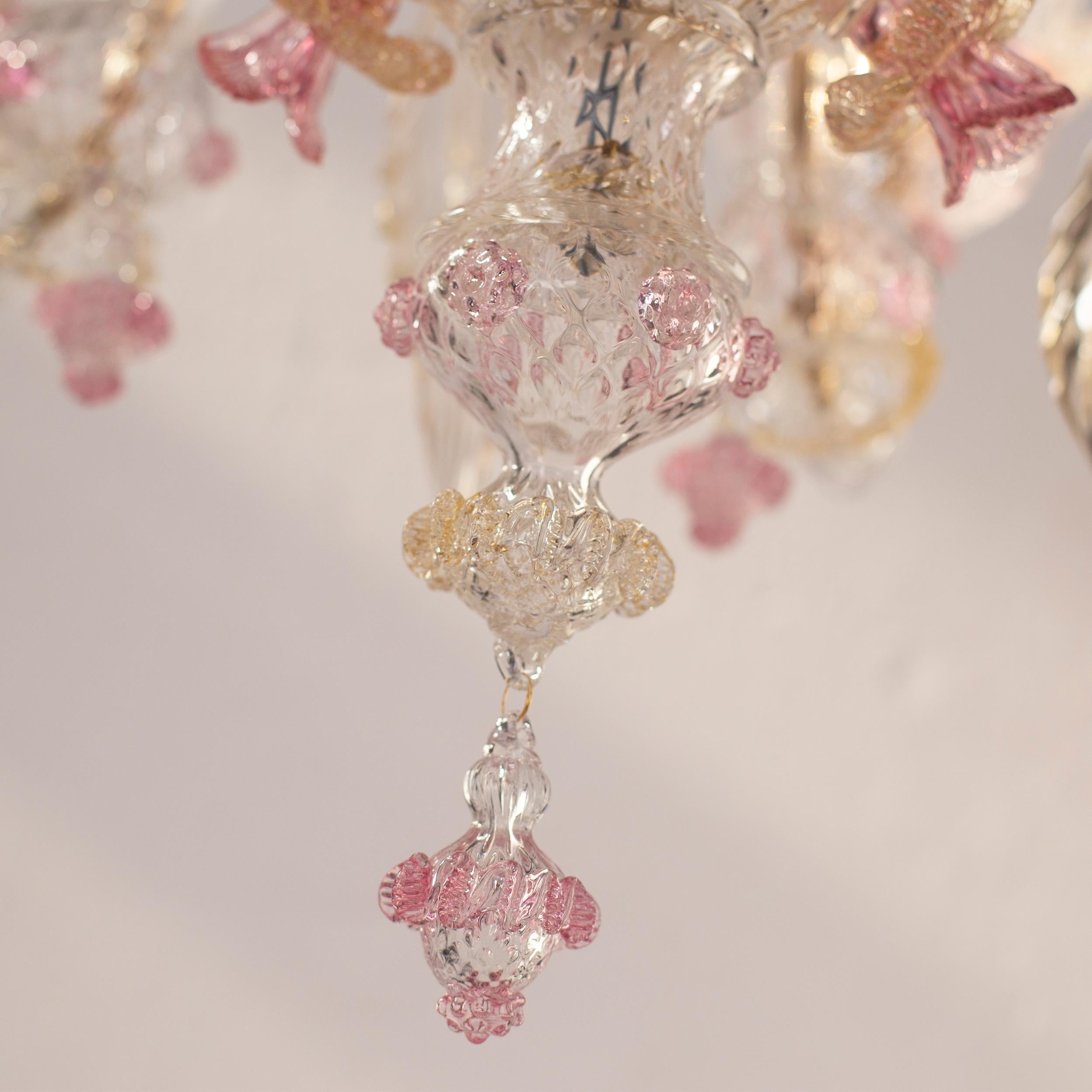 Rezzonico Lámpara de araña de 6 brazos Artistic Clear Gold Pink Glass Flowers Multiforme en venta 1