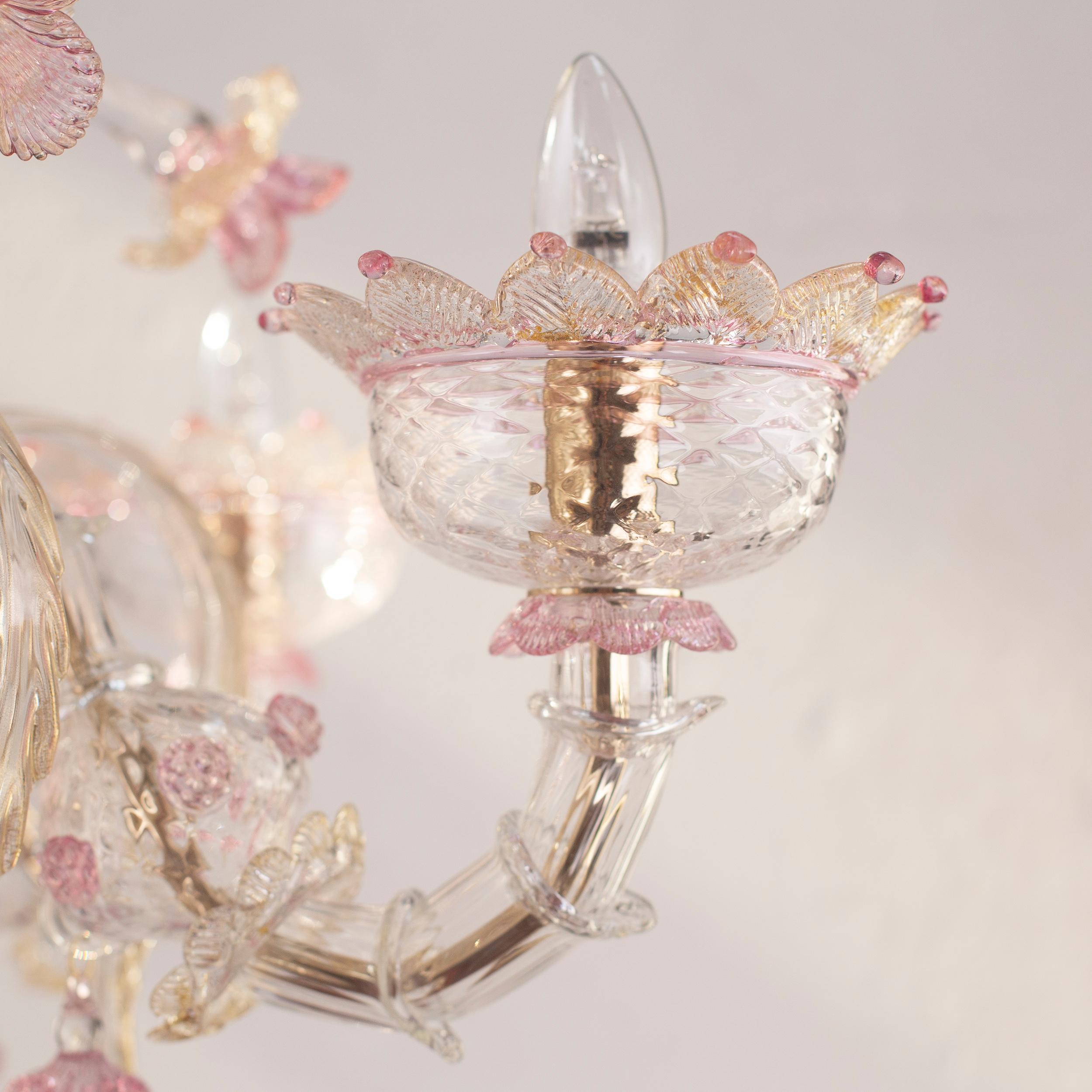 Rezzonico Lámpara de araña de 6 brazos Artistic Clear Gold Pink Glass Flowers Multiforme en venta 2