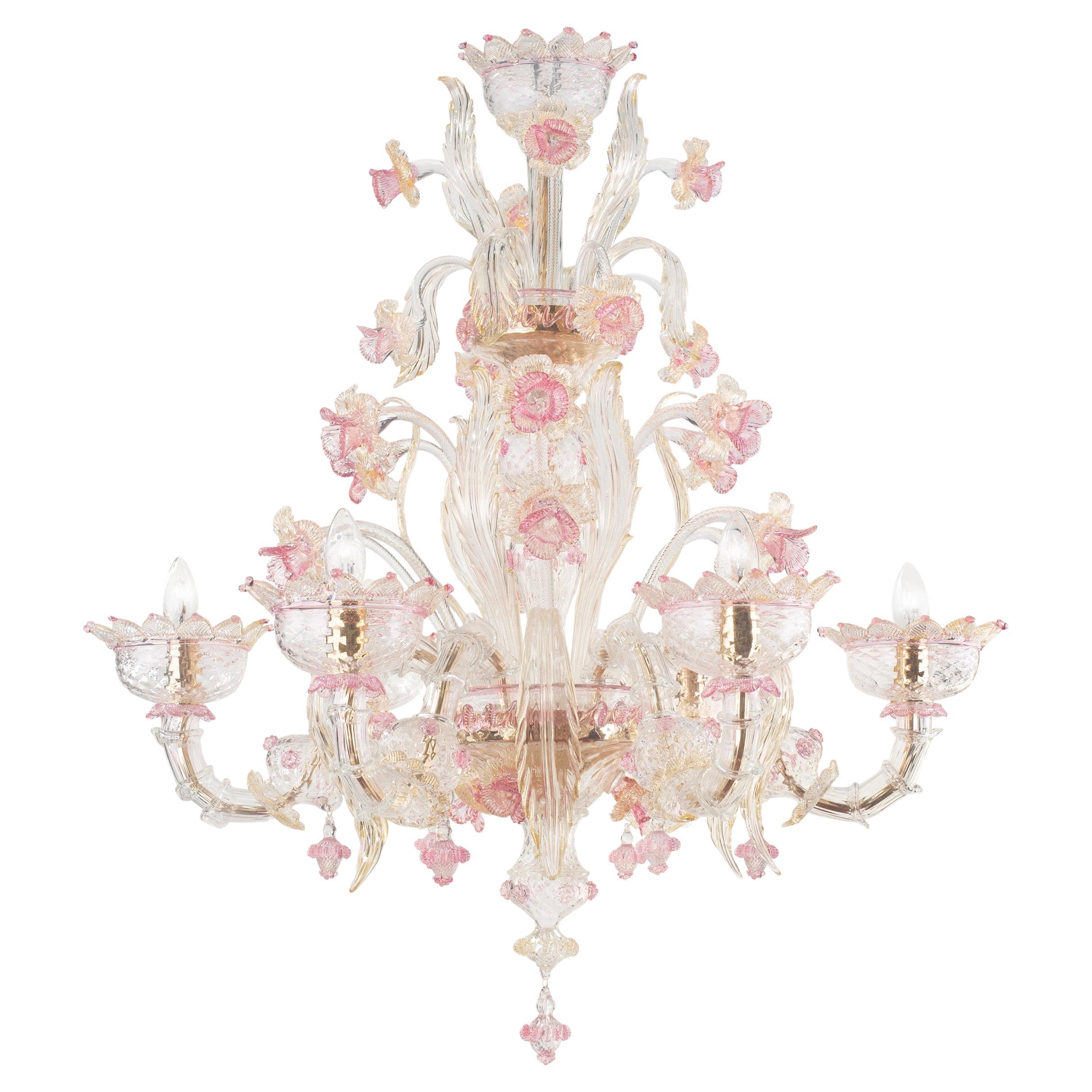 Rezzonico Lámpara de araña de 6 brazos Artistic Clear Gold Pink Glass Flowers Multiforme en venta
