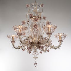 Lampadario Rezzonico a 6 bracci con fiori artistici in oro e glicine Multiforme