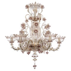 Lampadario Rezzonico a 6 bracci con fiori artistici in oro e glicine Multiforme