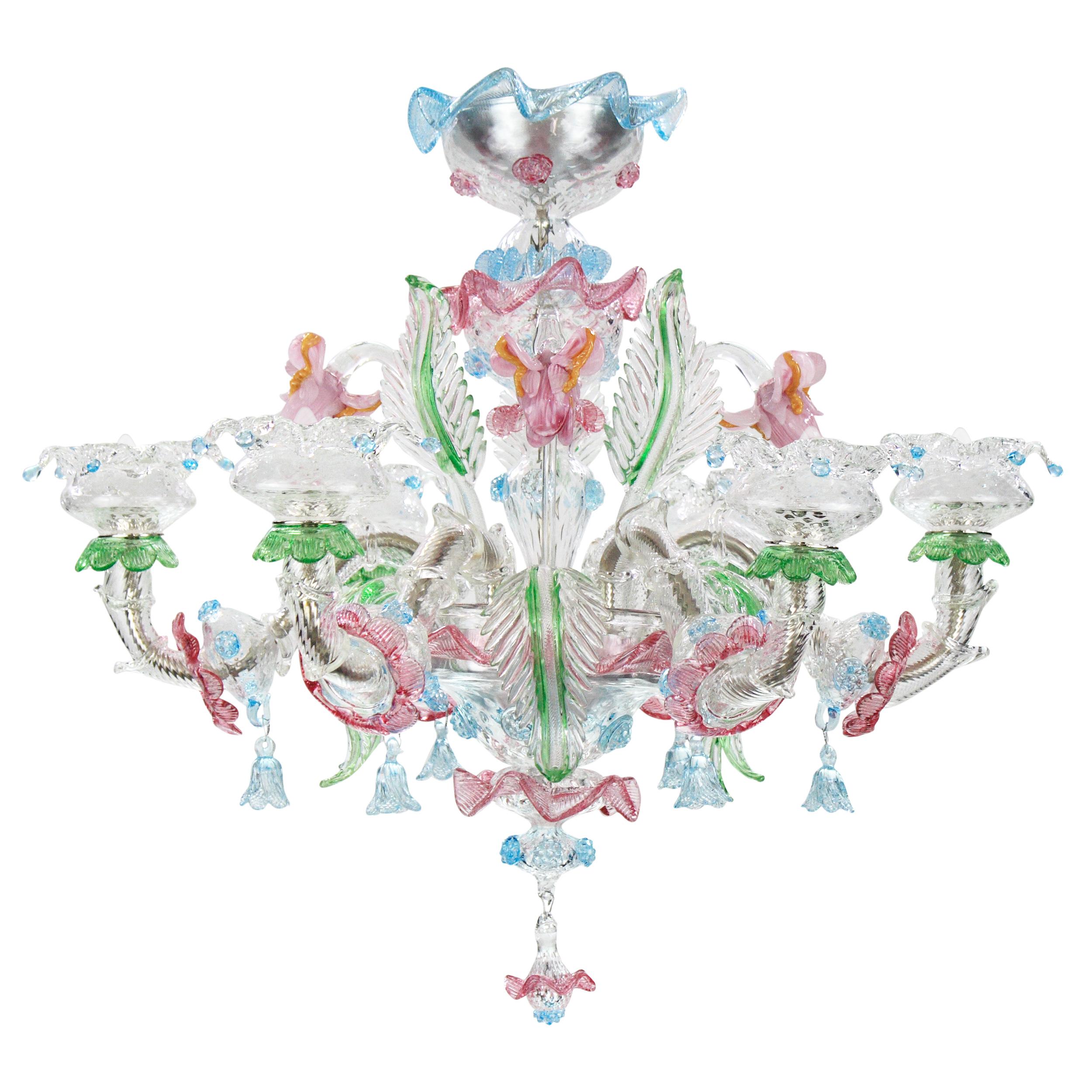 Lampadario Rezzonico a 6 bracci in vetro di Murano trasparente e in molti colori di Multiforme in vendita 1