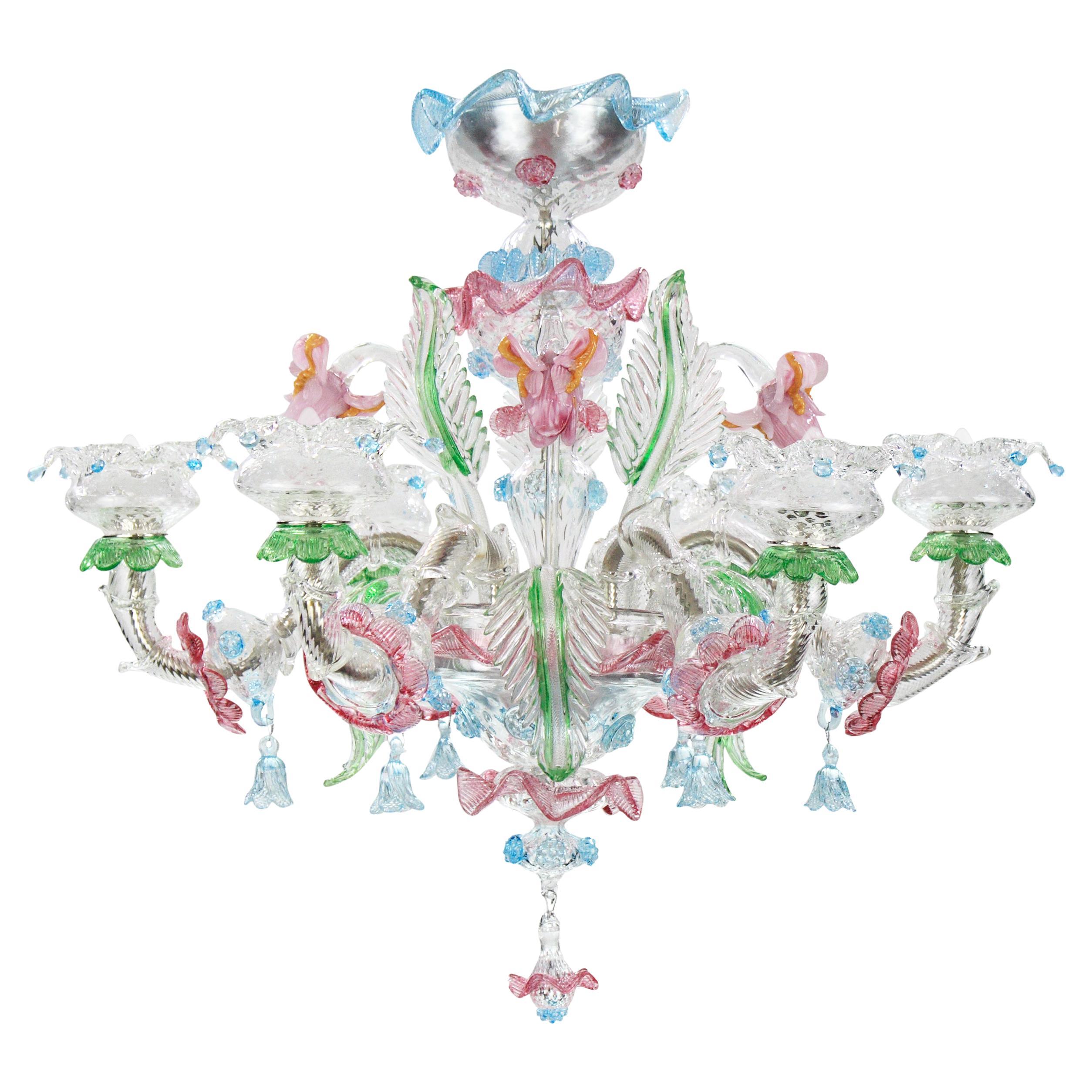 Rezzonico Kronleuchter mit 6 Armen aus klarem und vielfarbigem Muranoglas von Multiforme