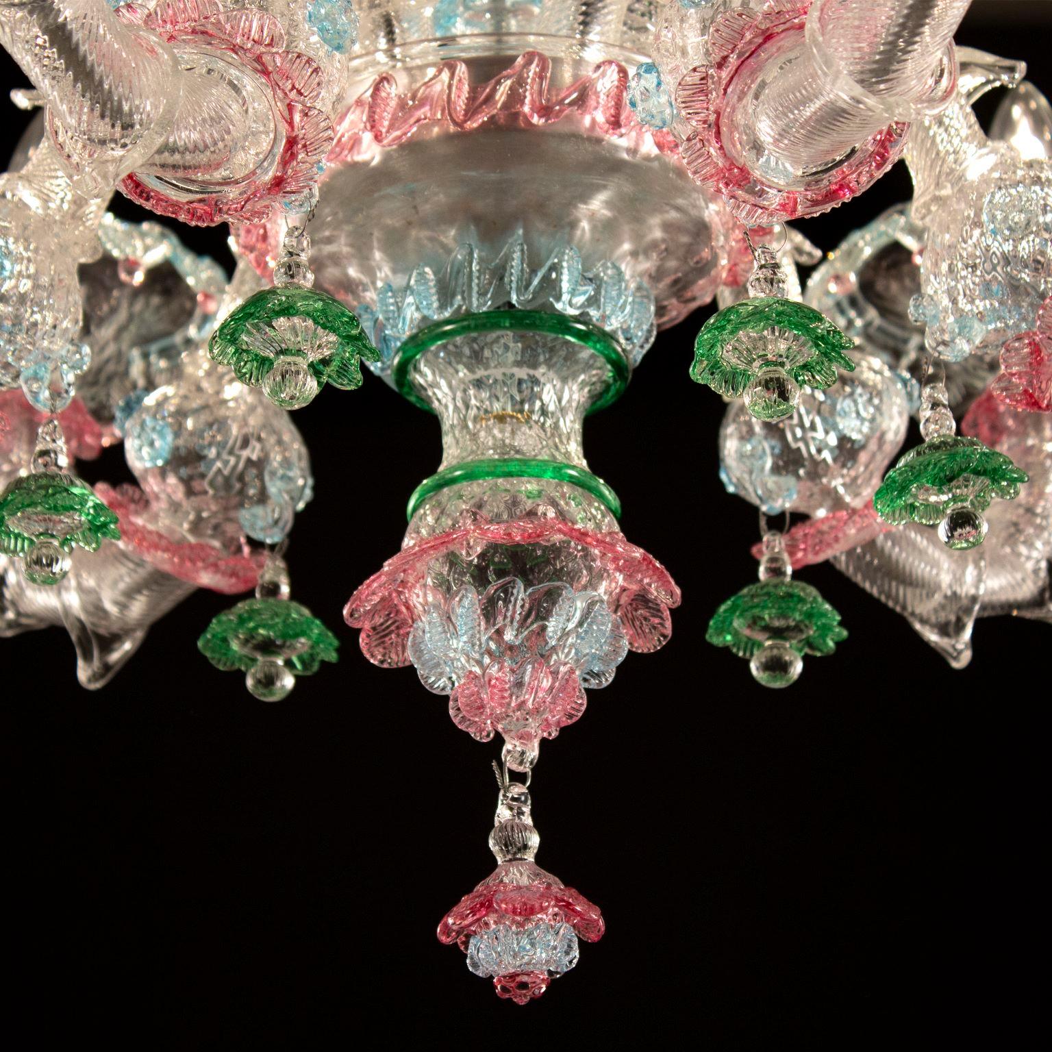 Rezzonico Araña 6 Brazos Murano Cristal Transparente Multicolor Detalles Multiforme Italiano en venta