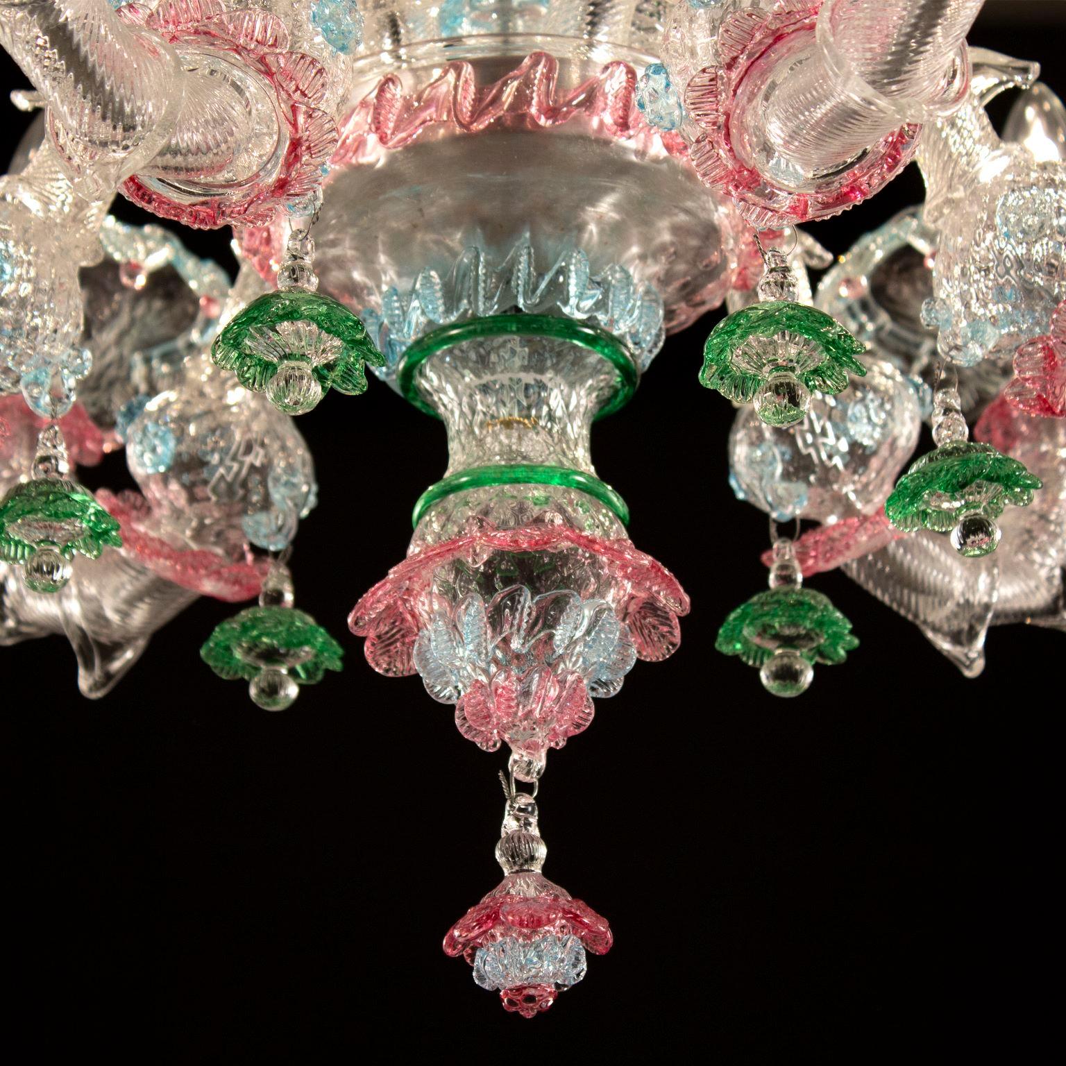 Italian Rezzonico Chandelier 6 Arms Murano Clear Glass Multicolour Details Multiforme For Sale