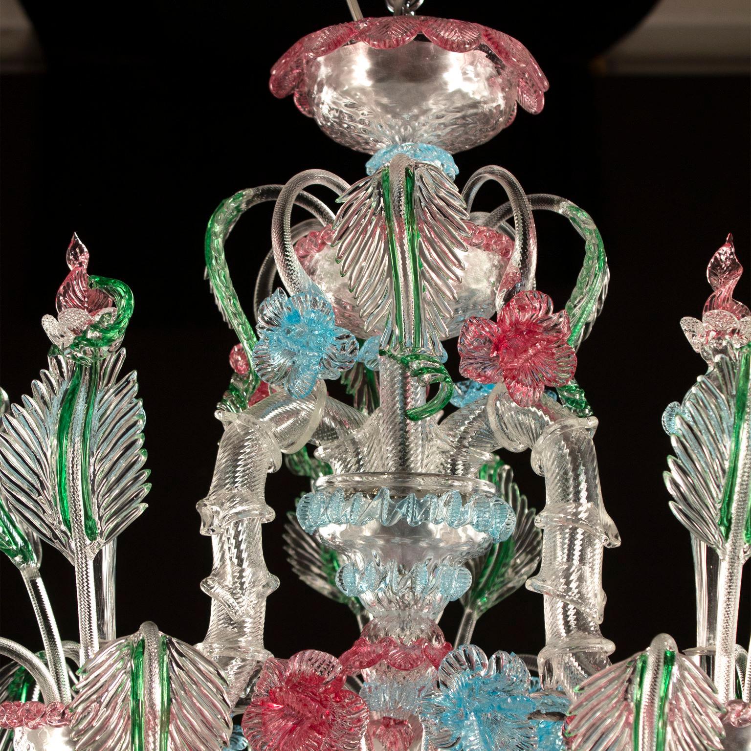 XXIe siècle et contemporain Lustre Rezzonico à 6 bras en verre de Murano multicolore et détails multicolores en vente