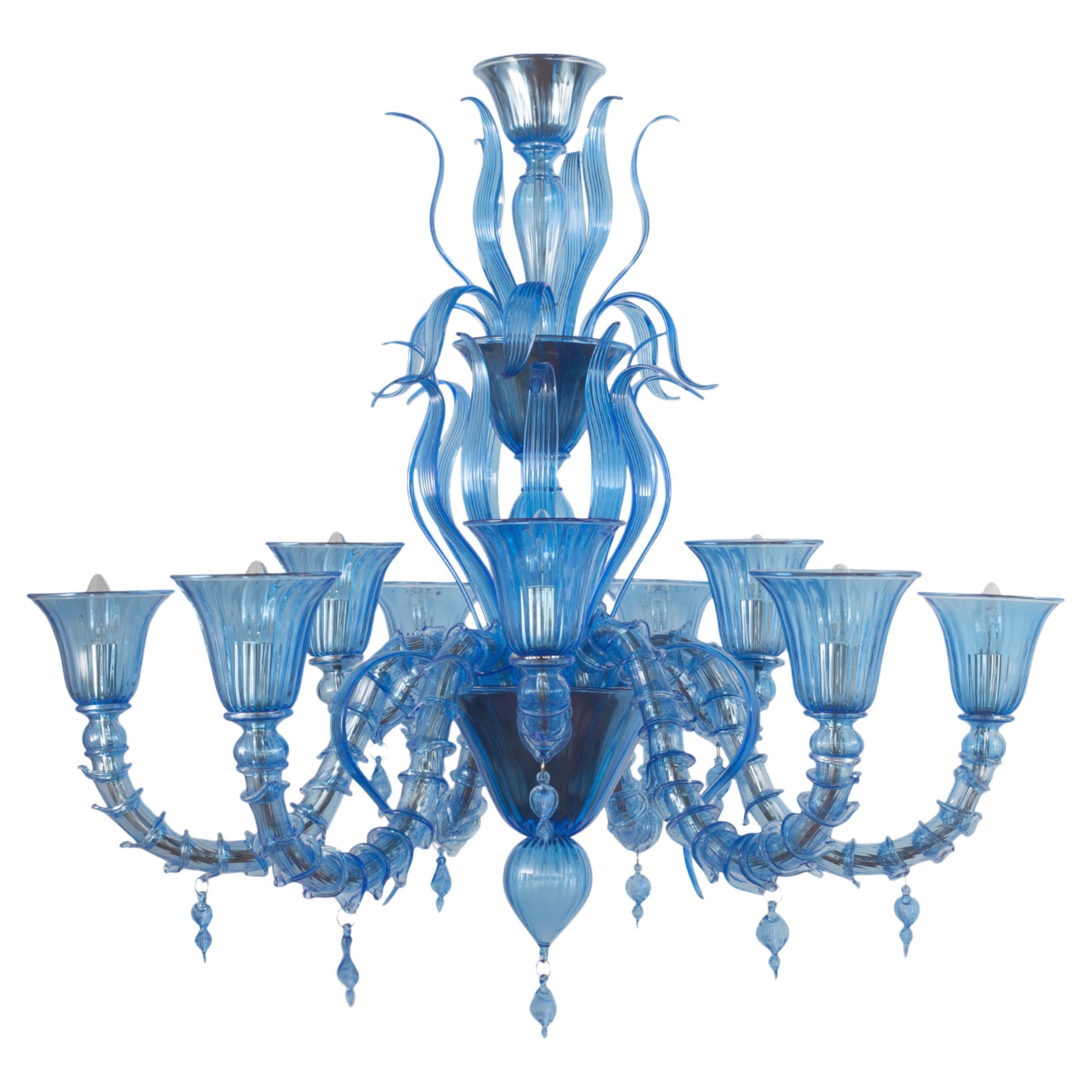 Rezzonico Kronleuchter 6+3 Arme Blau Murano Glas Fluage von Multiforme im Angebot