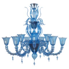 Rezzonico Chandelier 6+3 arms Blue Murano Glass Fluage by Multiforme