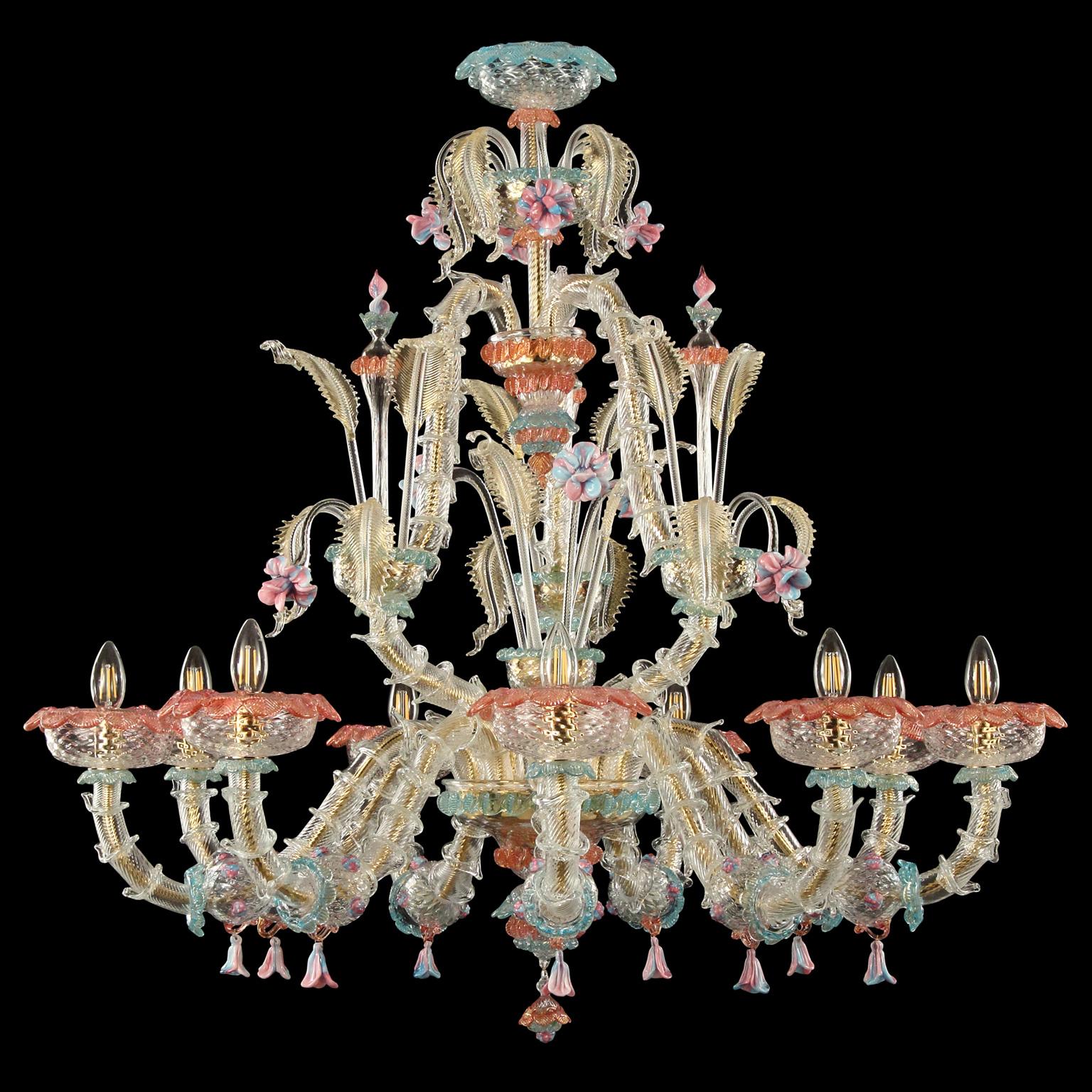Caesar chandelier 9 arms, crystal and gold, vitreous paste flowers, details in pink and light blue by Multiforme
The name, as well as the structure evokes the splendour of the past centuries. It is an evergreen model, a Classic product manufactured