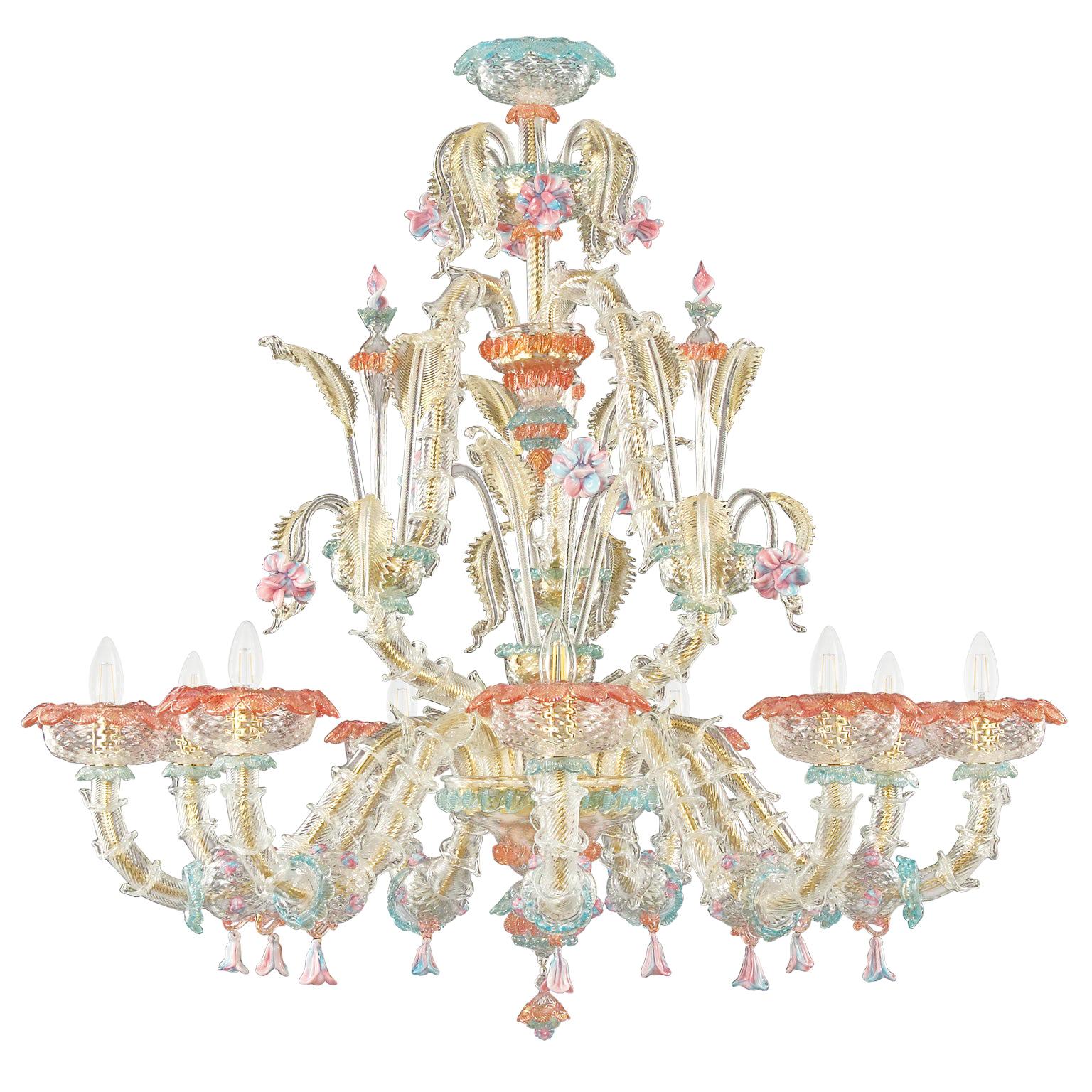 Lustre Rezzonico 9 bras en cristal artistique, verre doré Caesar par Multiforme