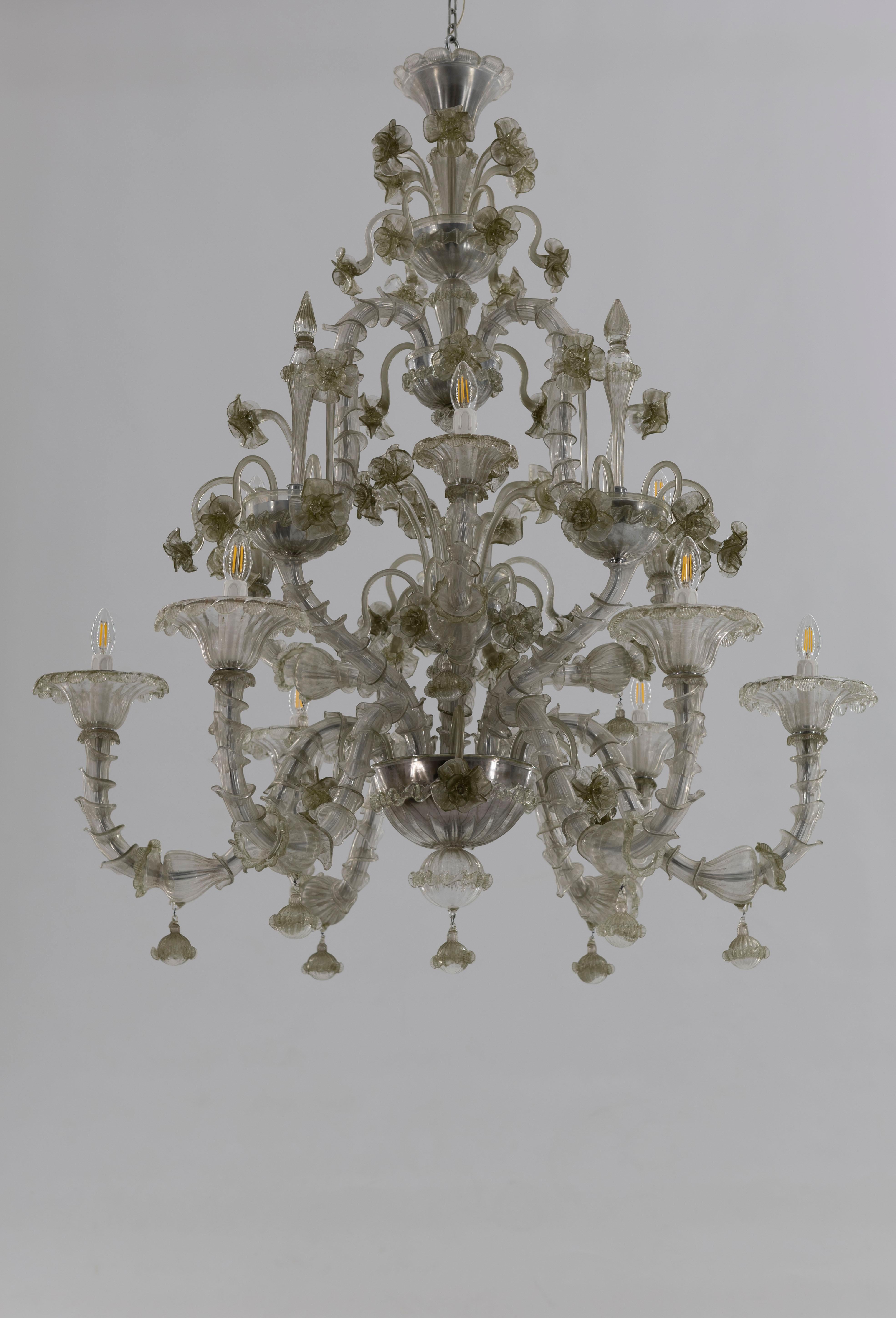 Mid-Century Modern Rezzonico Chandelier in blown Murano Glass green pagliesco contemporary  Italy For Sale