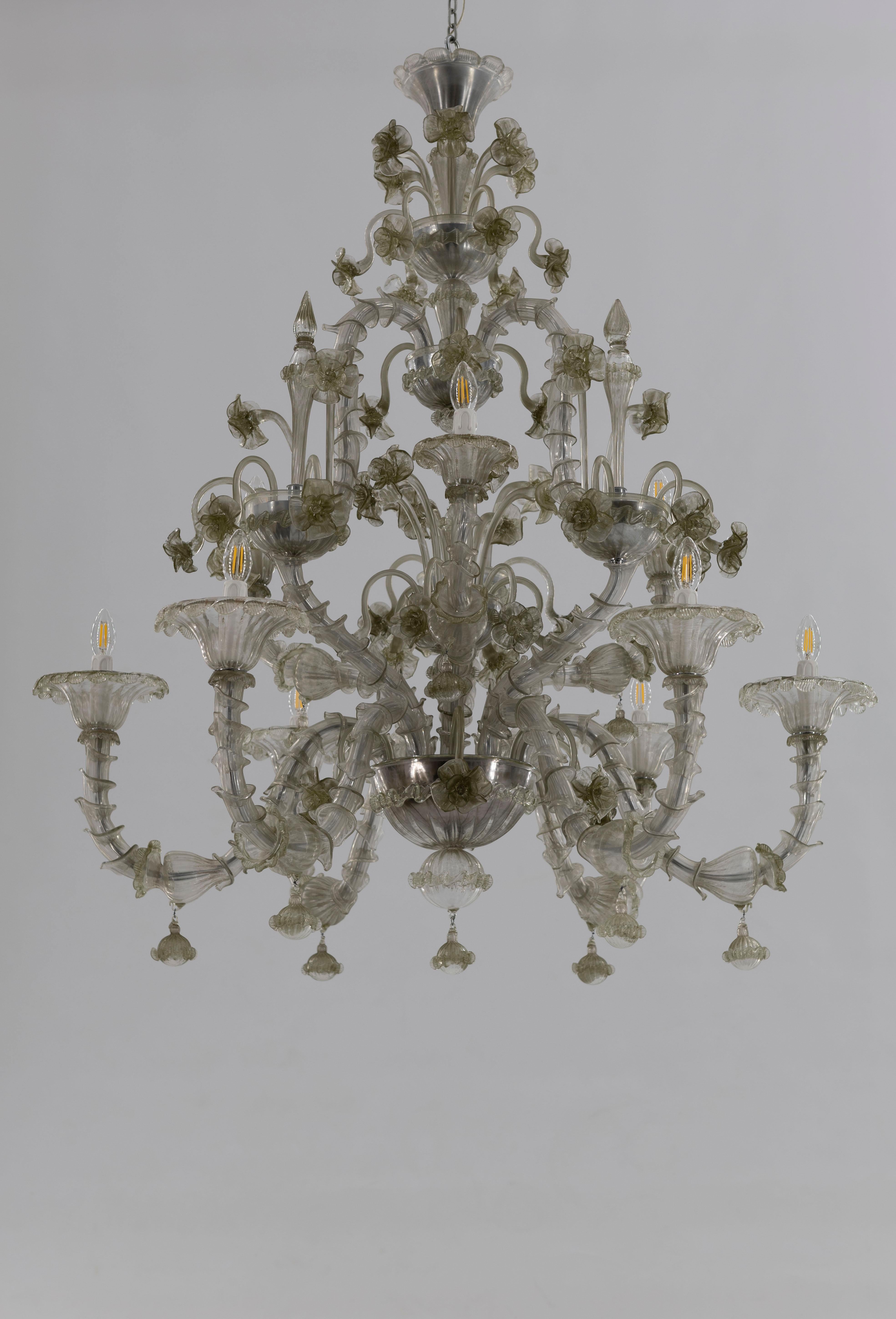 Modern  Rezzonico Chandelier in blown Murano Glass green pagliesco contemporary  Italy For Sale