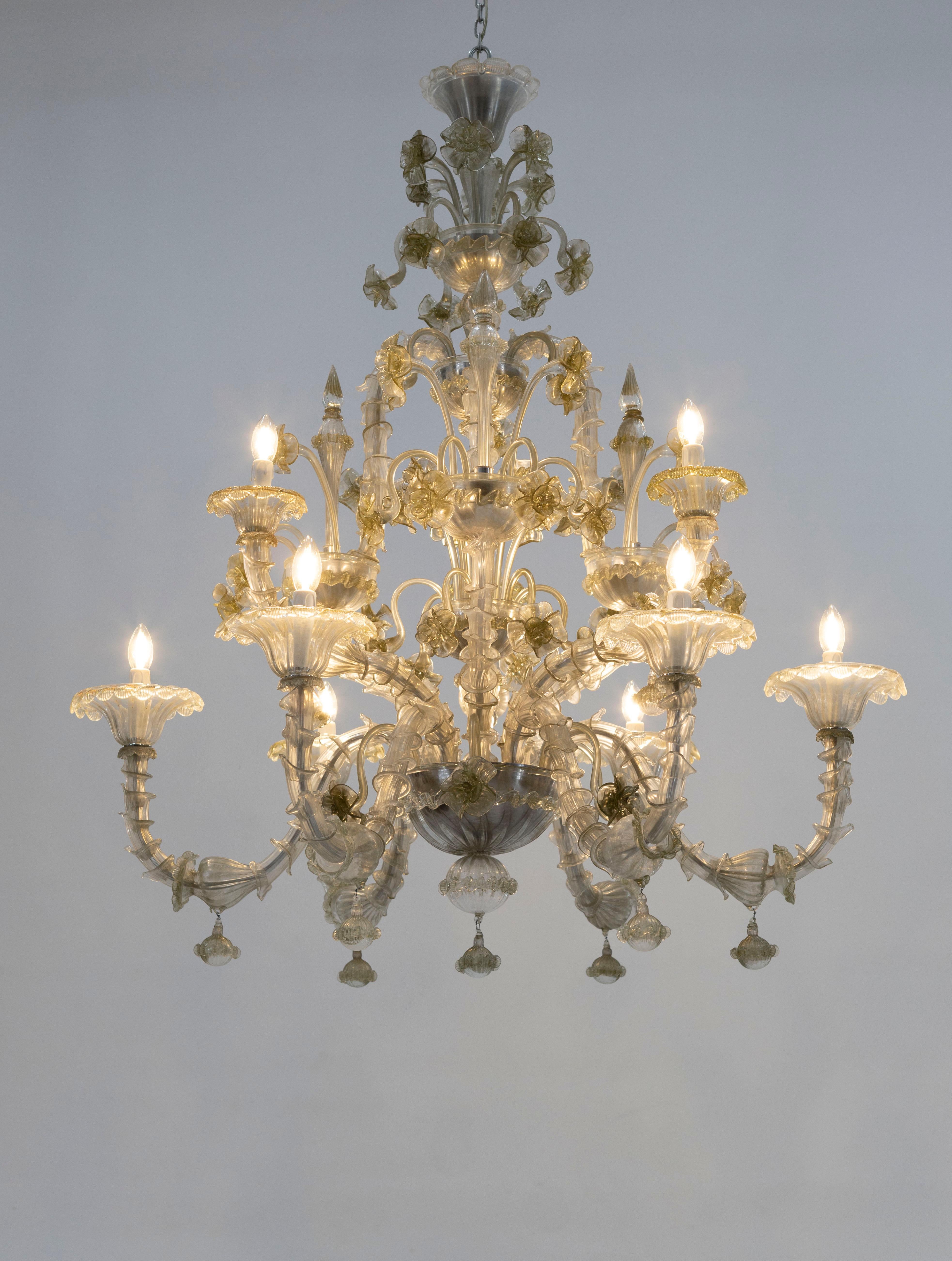 Italian Rezzonico Chandelier in blown Murano Glass green pagliesco contemporary  Italy For Sale