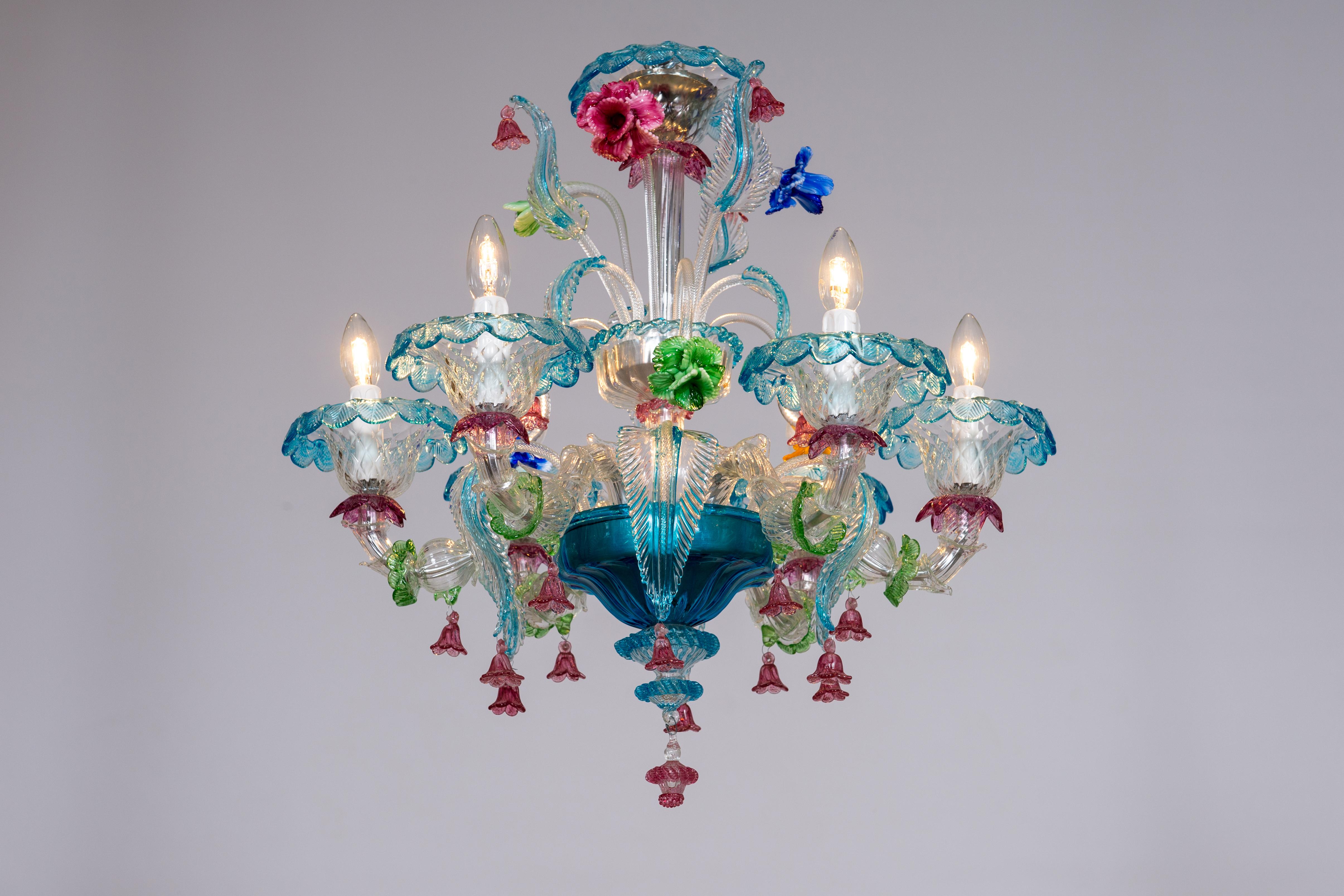 Rezzonico Chandelier in Blown Murano Glass with Glass Paste Flowers, Italy 11