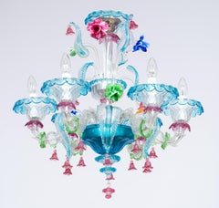 Araña Rezzonico de cristal de Murano soplado con flores de pasta de vidrio, Italia