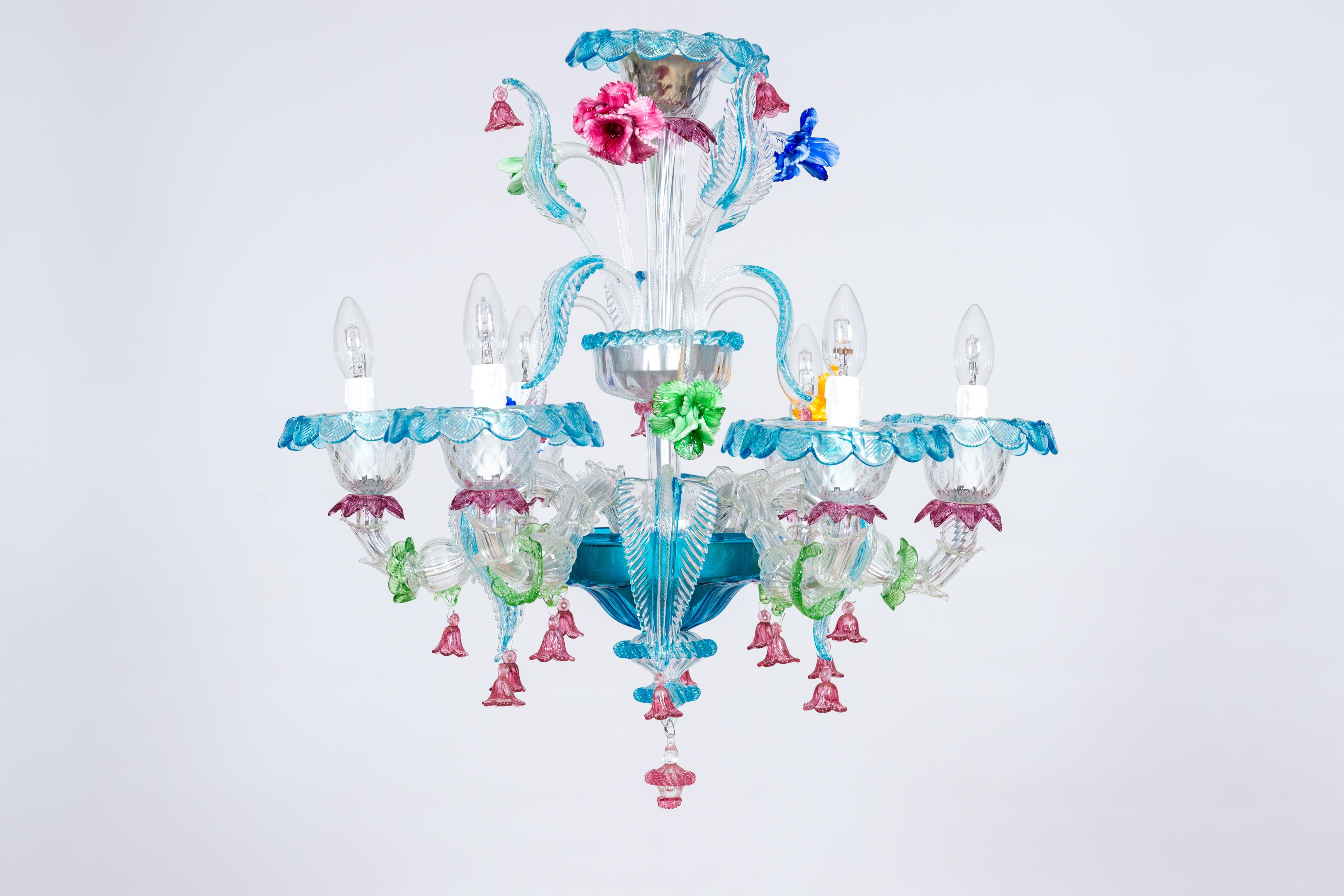 Mid-Century Modern Rezzonico Chandelier in Blown Murano Glass with Glass Paste Flowers, Italy