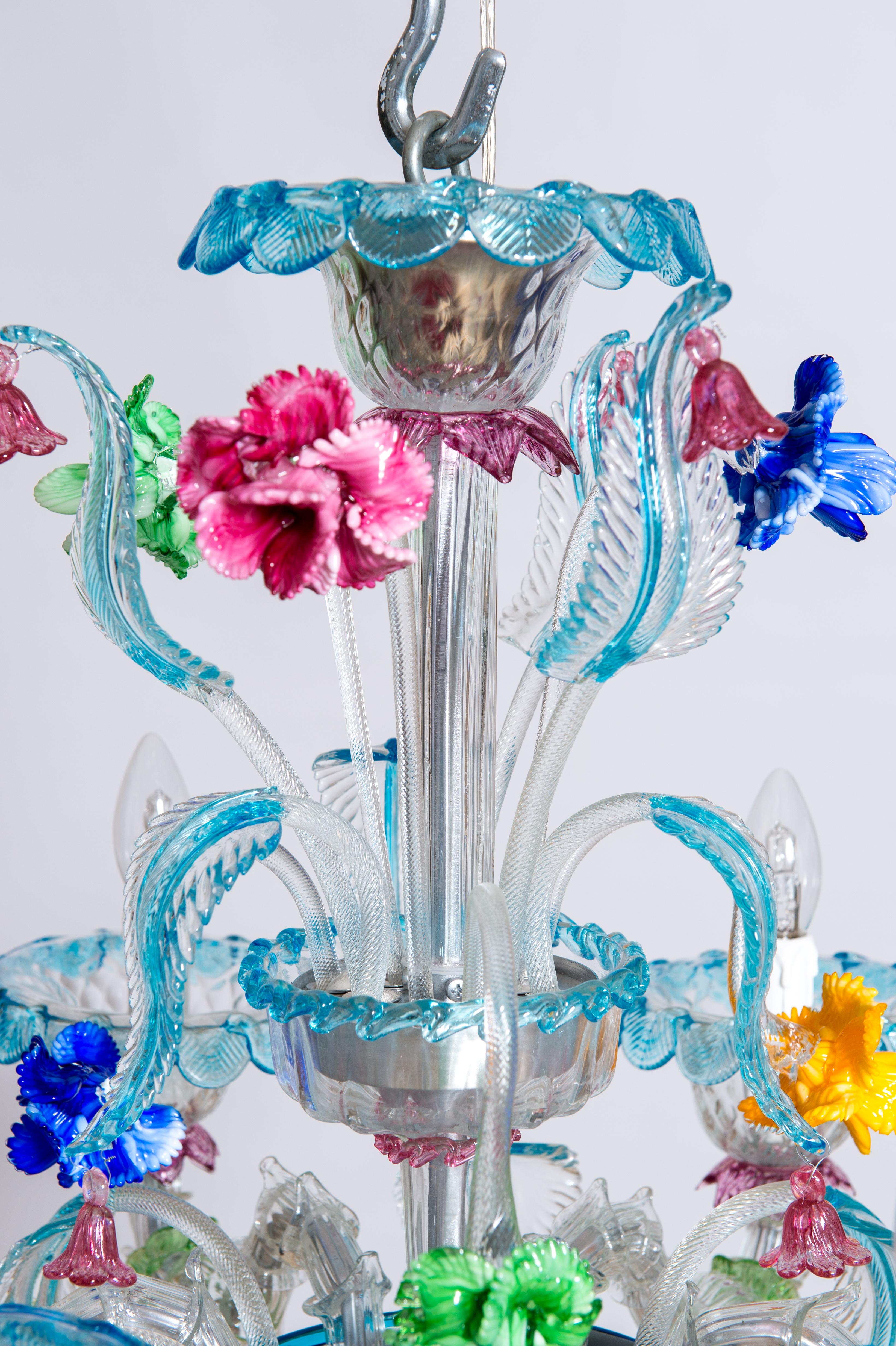 Italian Rezzonico Chandelier in Blown Murano Glass with Glass Paste Flowers, Italy