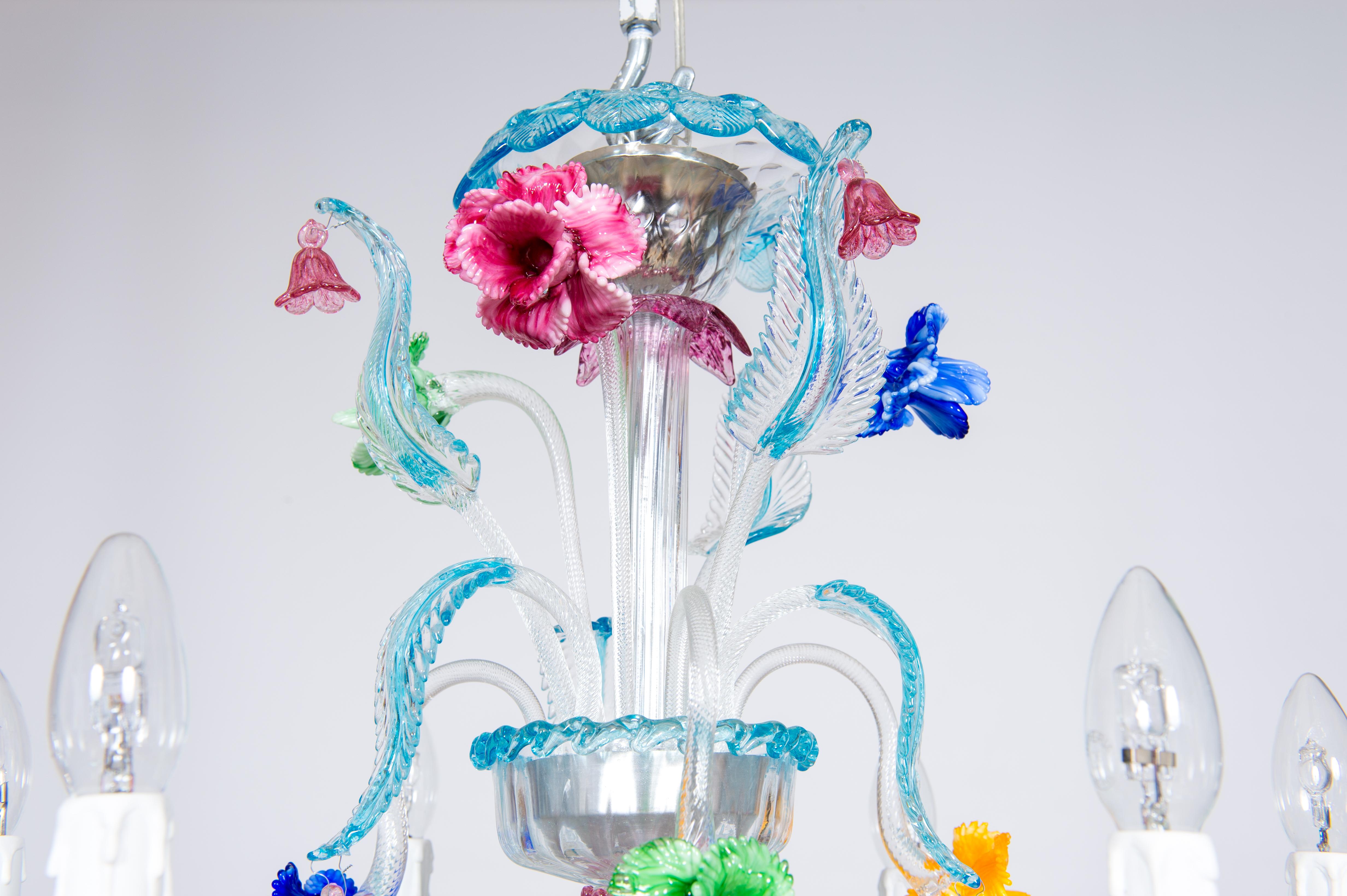 Hand-Crafted Rezzonico Chandelier in Blown Murano Glass with Glass Paste Flowers, Italy