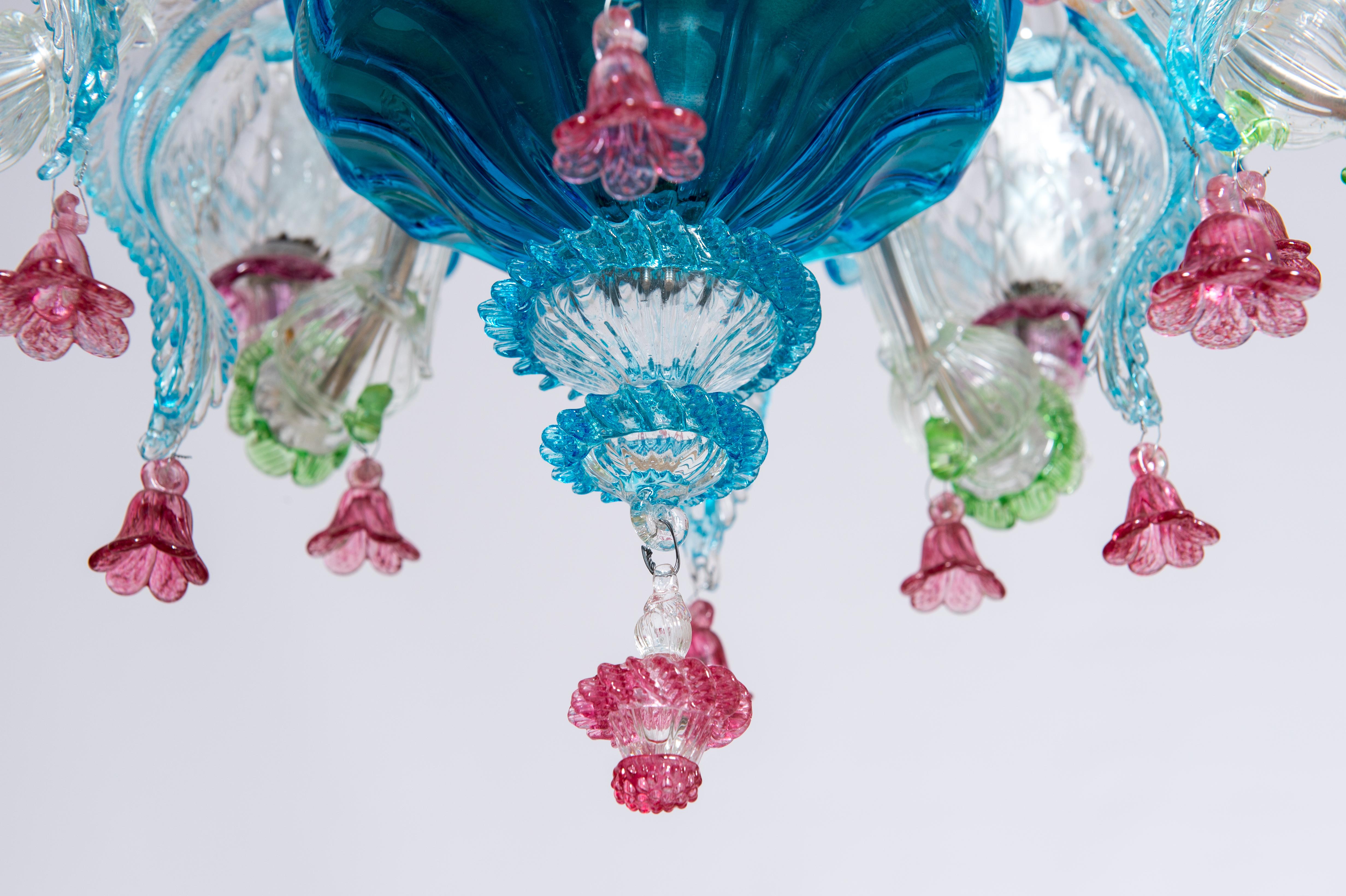 Cut Glass Rezzonico Chandelier in Blown Murano Glass with Glass Paste Flowers, Italy