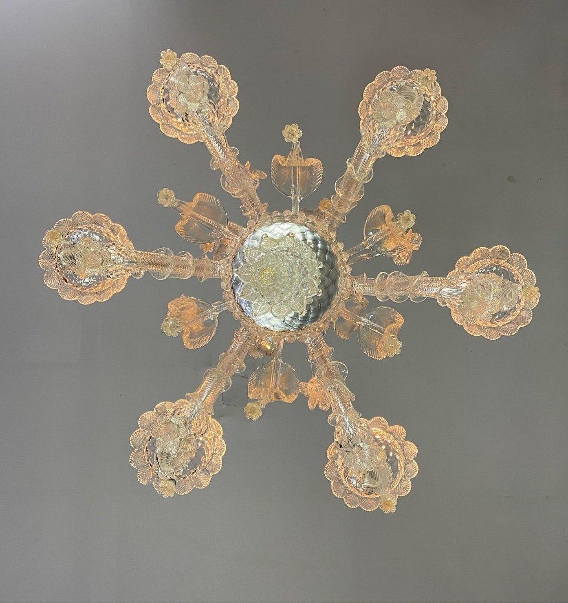 Golden Murano glass chandelier, Venice, Rezzonico model, 6 sconces.