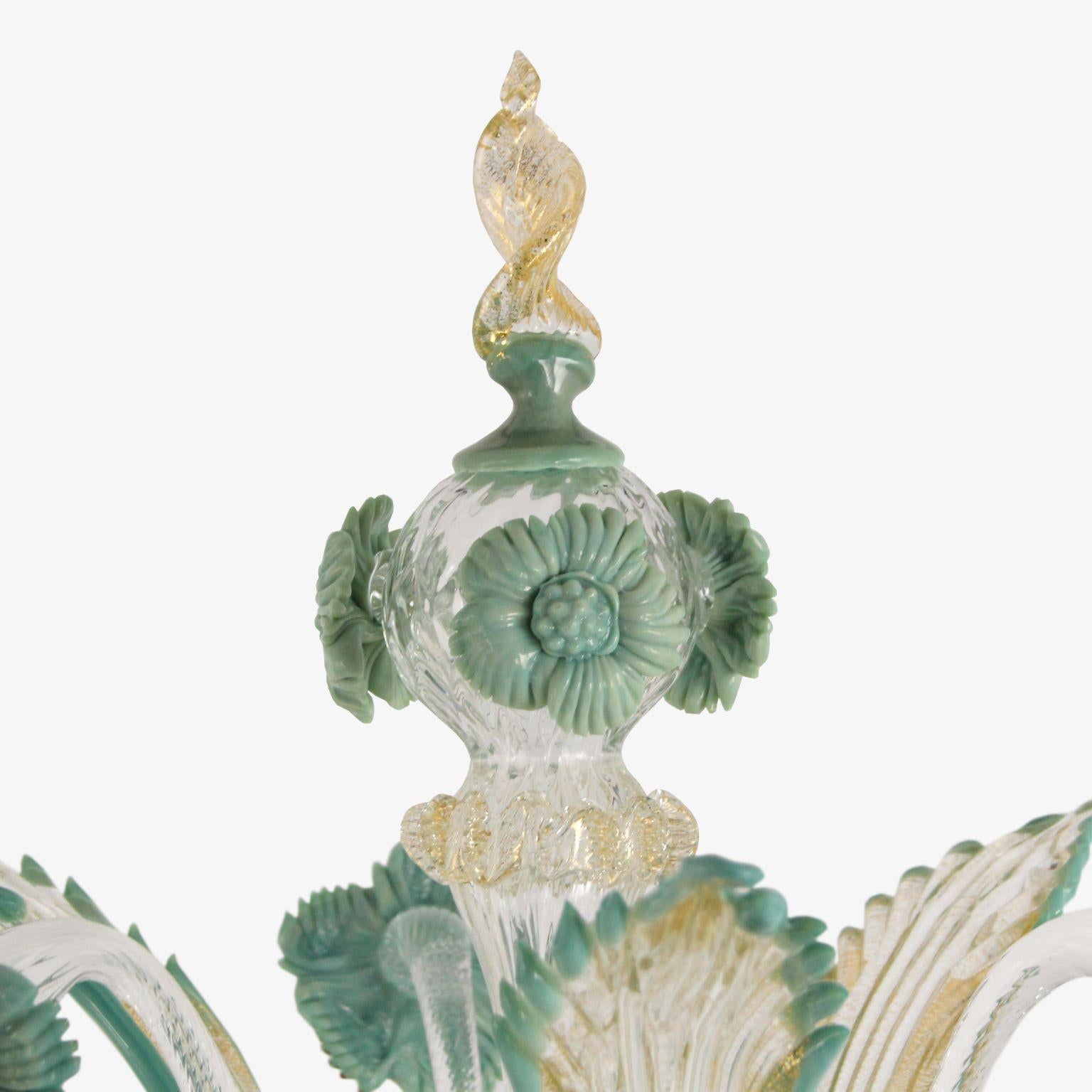 Luxury rezzonico flambeau 4 arms, crystal Murano glass, with gold, grey-green vitreous paste color details by Multiforme.
This artistic table lamp is an elegant and delicate lighting work, colored with pastel tones. The structure is a combination of