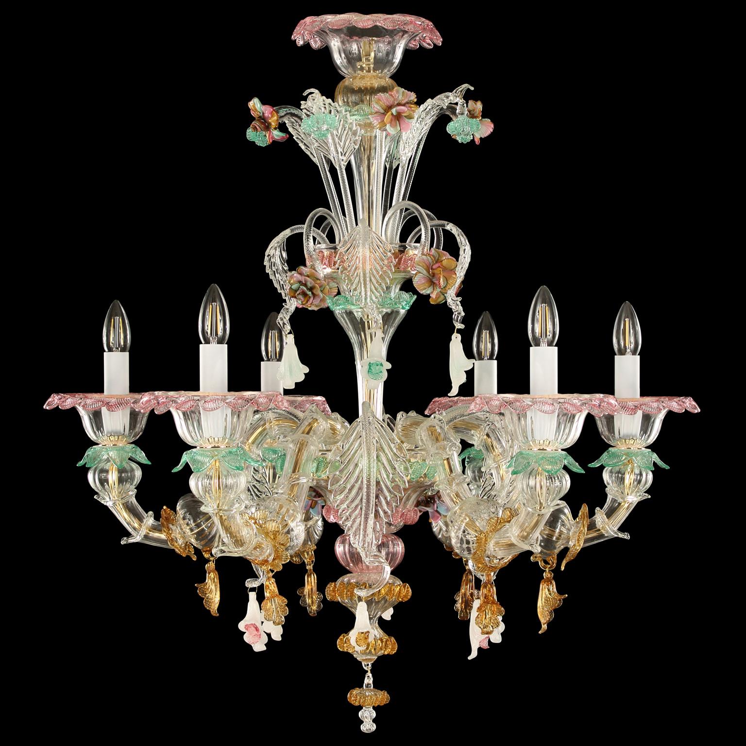 Toffee chandelier 6 arms, multicolored vitreous paste flowers, details in pink, amber and green produced in our factory near Venice, Italy.
It is an evergreen model, a Classic product manufactured by our skilled masters glass-worker and fully