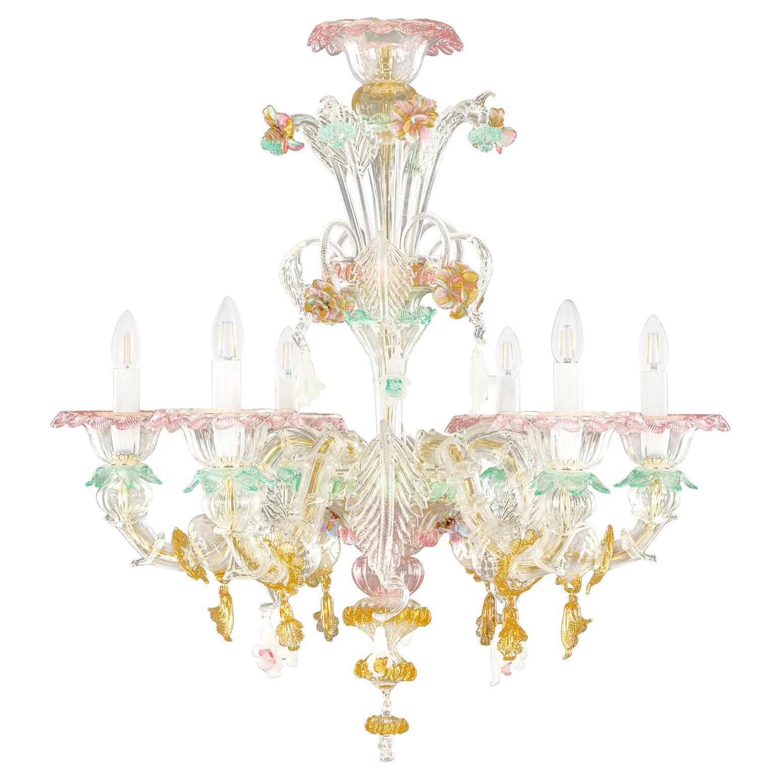 Rezzonico Murano-Kronleuchter mit 6 Armen aus kunstvollem mehrfarbigem Glas mit Blumen Multiformen