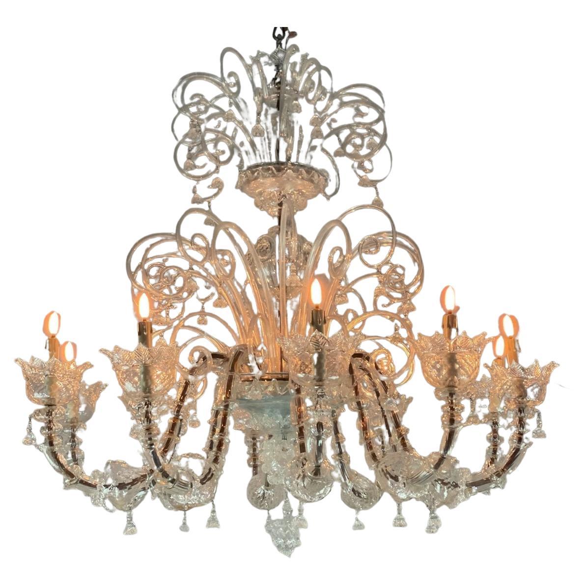 Rezzonico Venetian Chandelier in Colorless Murano Glass, 10 Arms of Light