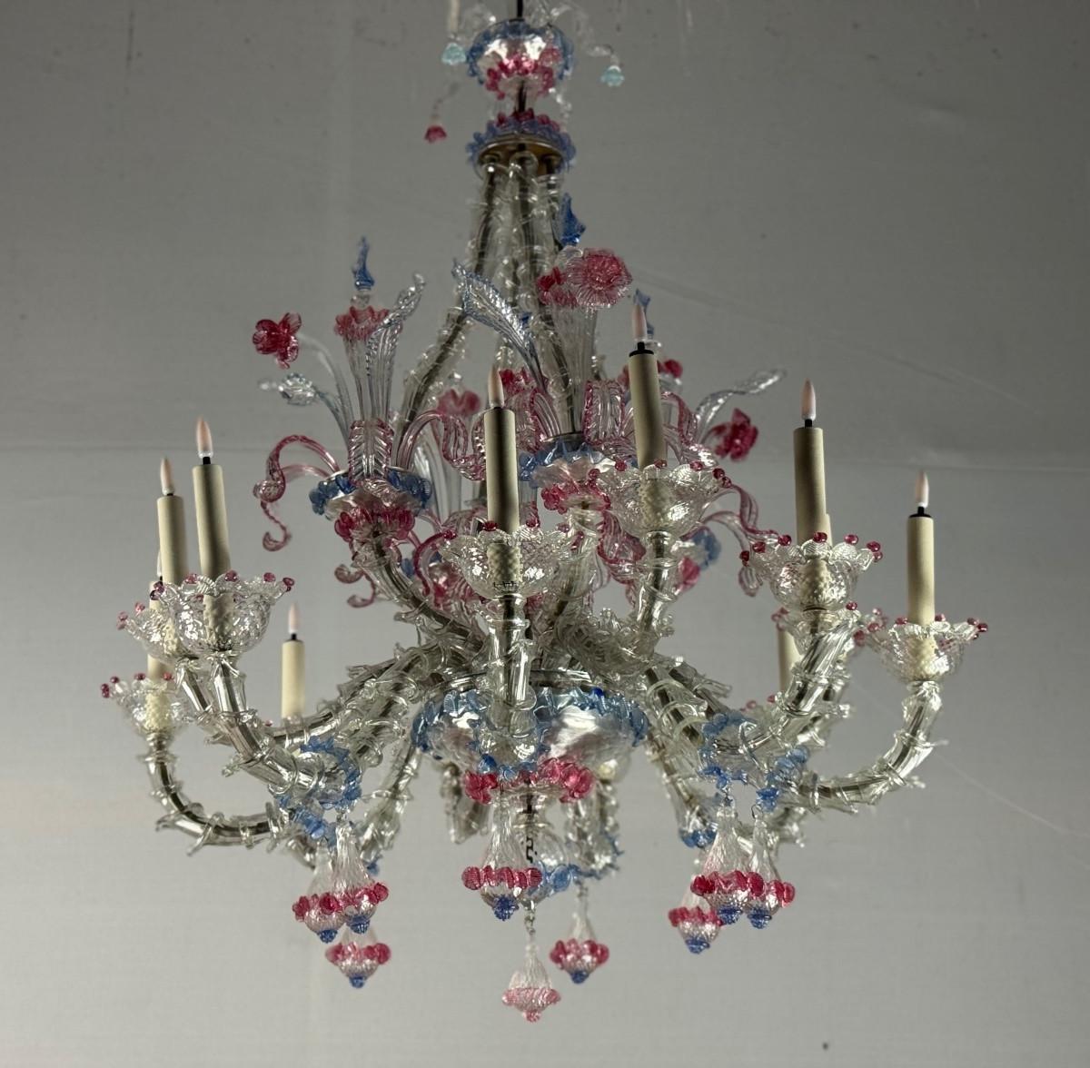 Venezianischer Kronleuchter Rezzonico aus farblosem, blauem und rotem Murano-Glas im Angebot 4