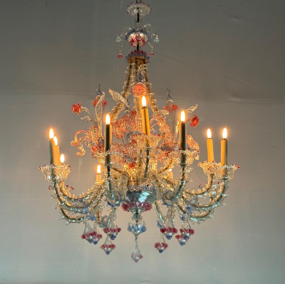 Venezianischer Kronleuchter Rezzonico aus farblosem, blauem und rotem Murano-Glas im Angebot 5