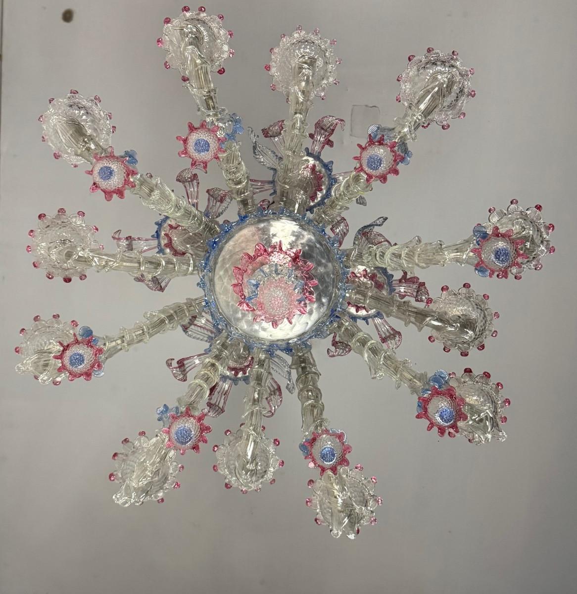 Venezianischer Kronleuchter Rezzonico aus farblosem, blauem und rotem Murano-Glas im Angebot 2