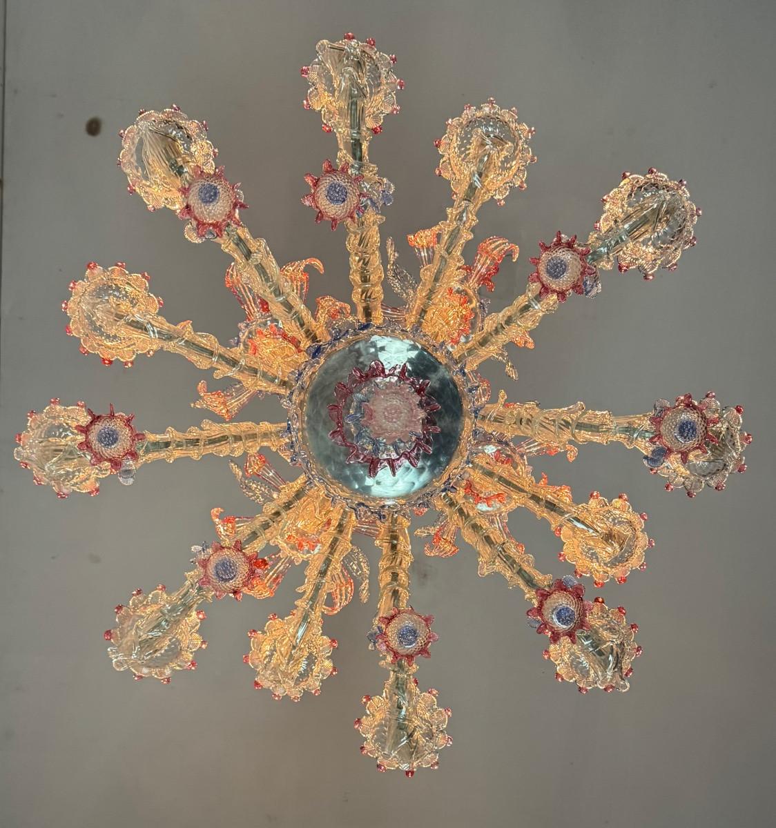 Venezianischer Kronleuchter Rezzonico aus farblosem, blauem und rotem Murano-Glas im Angebot 3