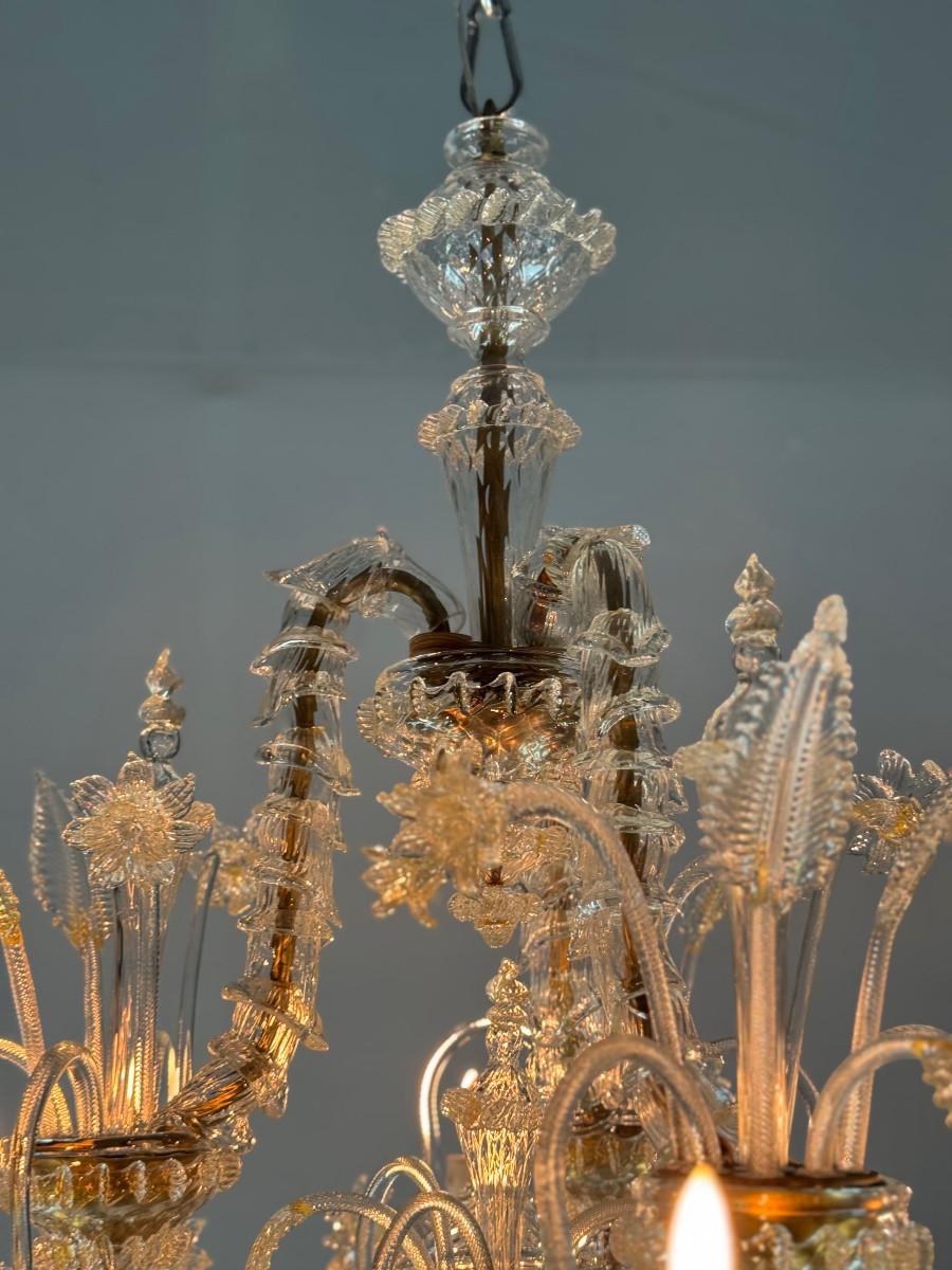 Italian Rezzonico Venetian chandelier in gilded Murano glass, circa 1940 For Sale