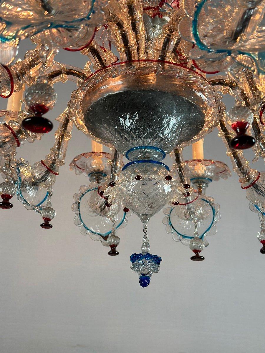 20th Century Rezzonico Venetian Chandelier In Multicolored Murano Glass, 10 Arms Of Light