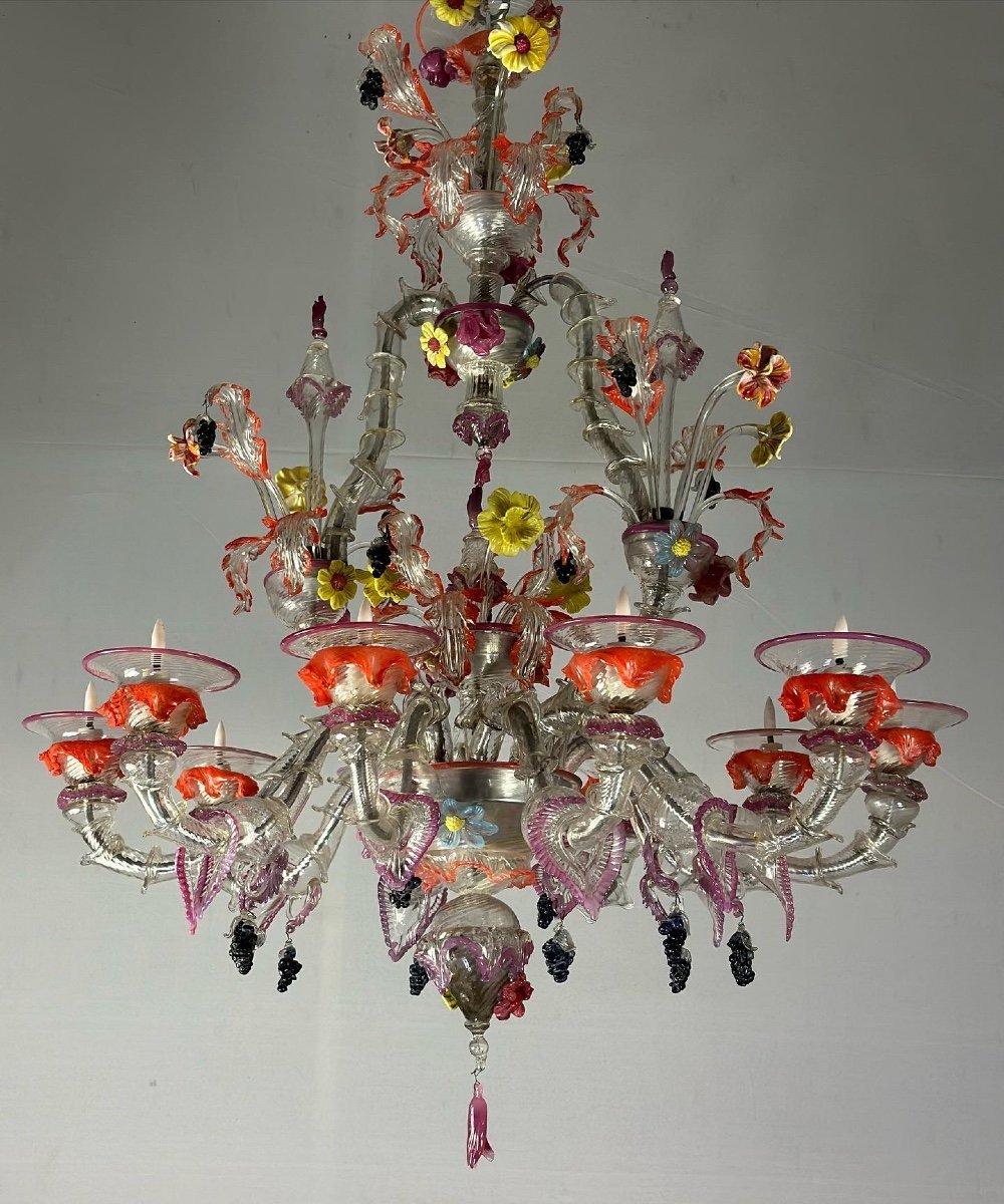 Venetian chandelier in multicolored Murano glass, 10 arms of light.