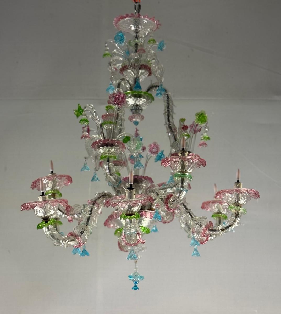 Venezianischer Rezzonico-Kronleuchter aus mehrfarbigem Murano-Glas, 9 Lichtarme, um im Angebot 3