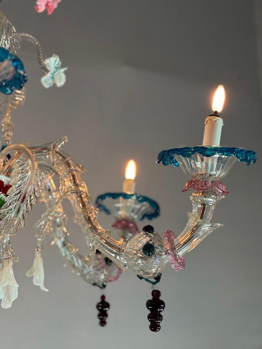 Lustre vénitien Rezzonico en verre vénitien multicolore, 6 bras de lumière, Circa 1930