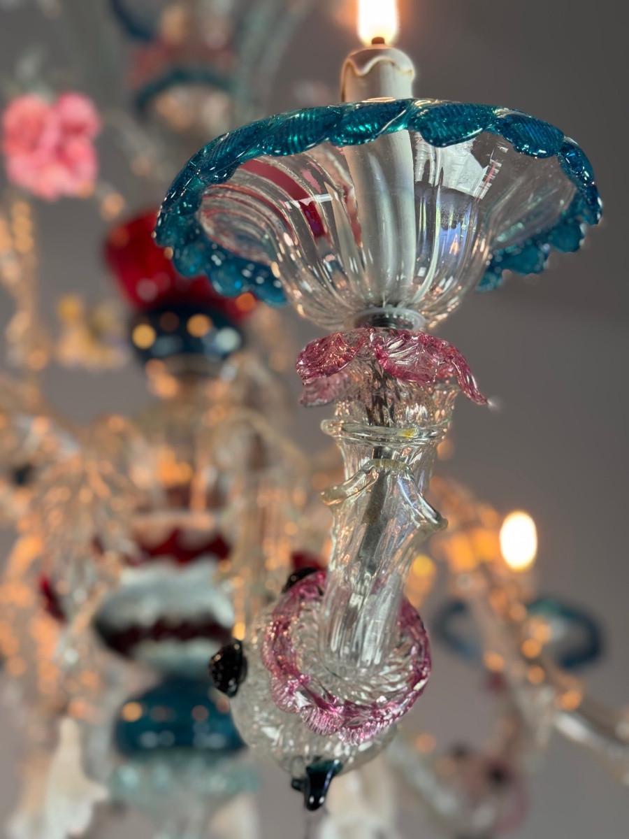 20ième siècle Lustre vénitien Rezzonico en verre vénitien multicolore, 6 bras en vente