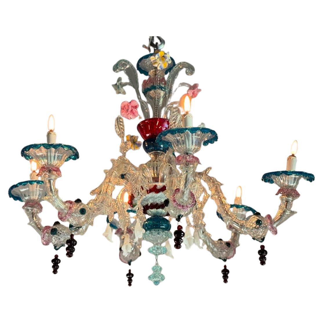 Rezzonico Venetian Chandelier In Multicoloured Venetian Glass, 6 Light Arms