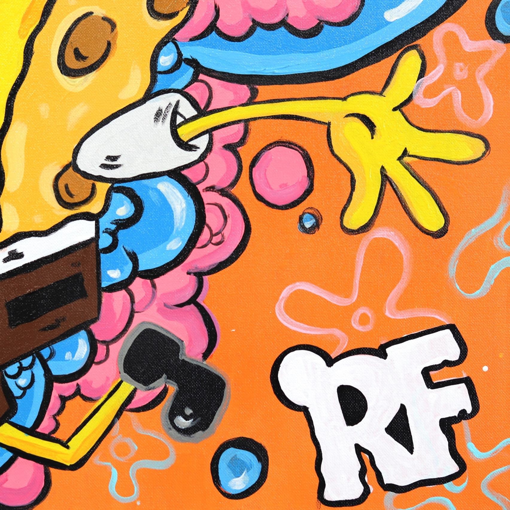 Los Angeles native Rachel Funes fuses original and iconic characters in her vivid graffiti-inspired twisted pop artworks. Within each artwork, Funes blends a mix of humor, eccentricity, and controlled chaos. The compositions she creates reimagine