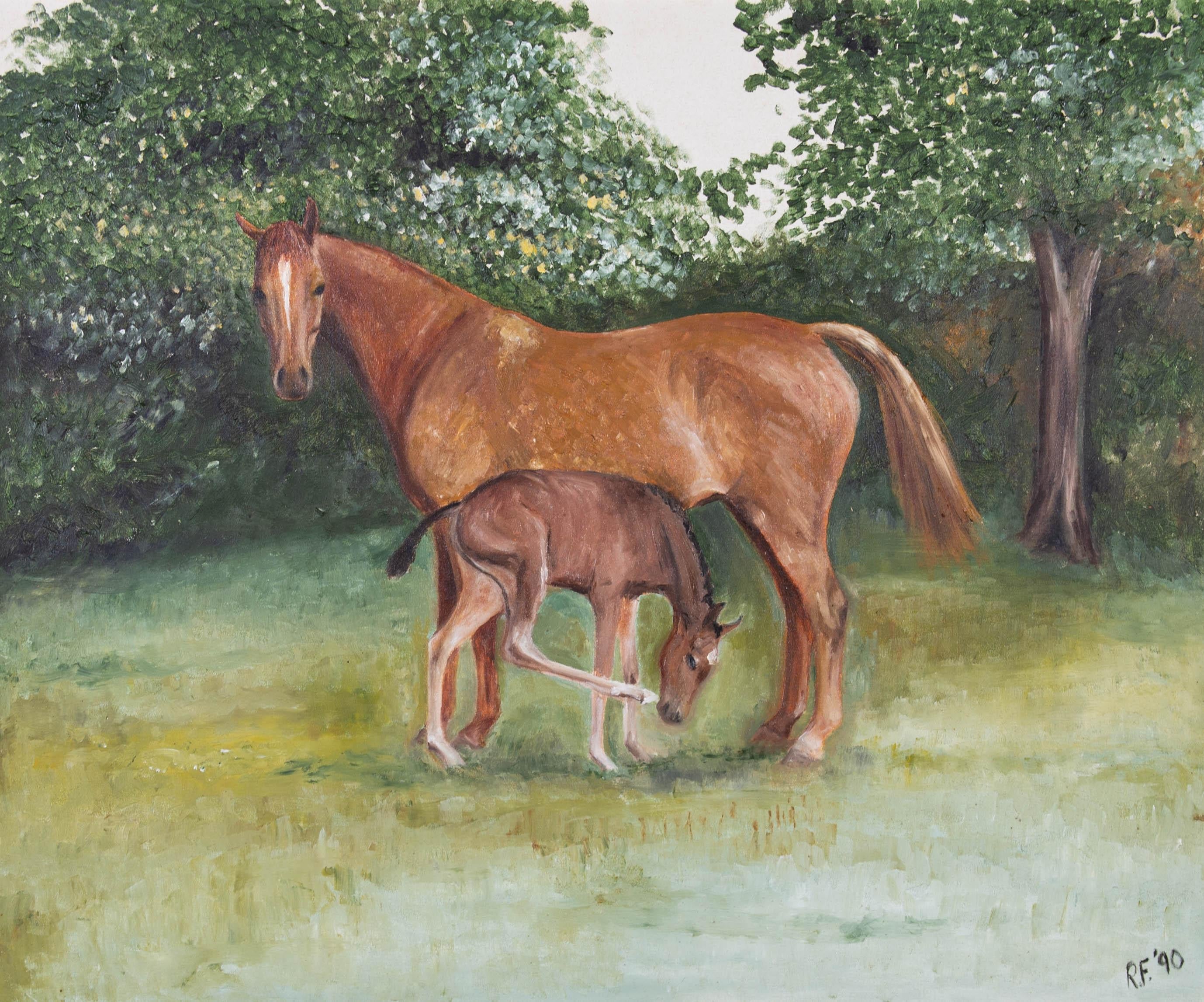 A delightful oil painting, depicting a landscape scene with a horse and a foal. Monogrammed and dated to the lower right-hand corner. Presented in a distressed, gilt-effect frame. On canvas on stretchers.
