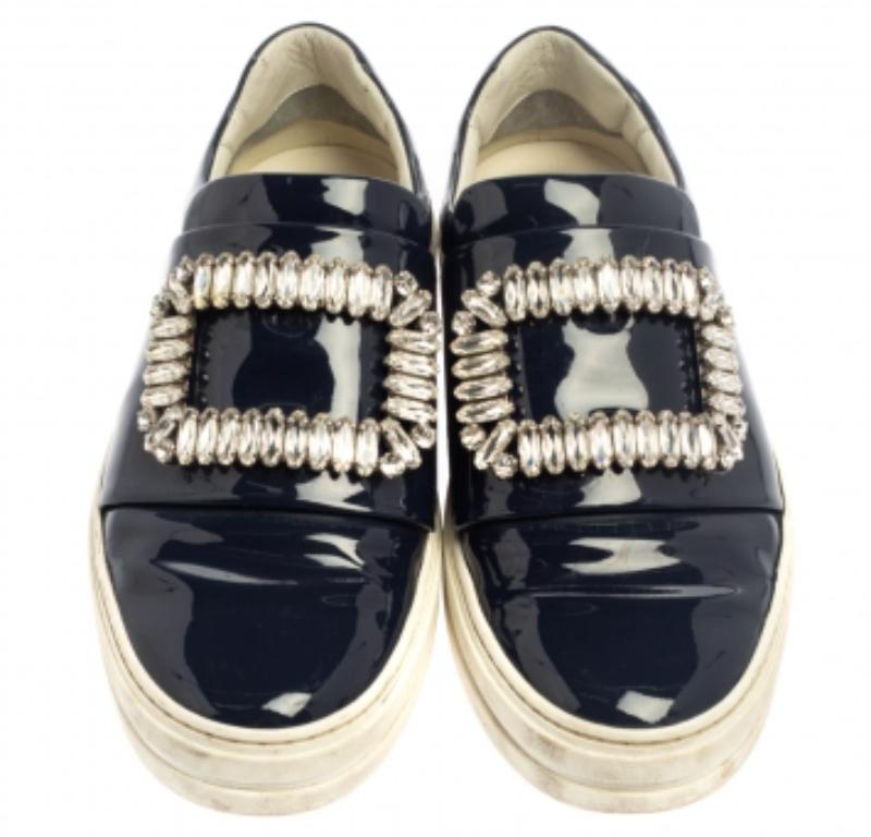 Black Rger Vivier Blue Patent Leather Sneaky Viv Embellished Low Top Sneakers Size 35 For Sale