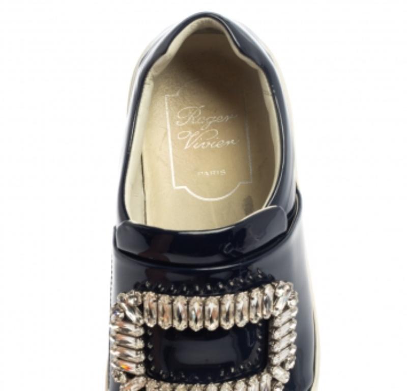 Women's Rger Vivier Blue Patent Leather Sneaky Viv Embellished Low Top Sneakers Size 35 For Sale