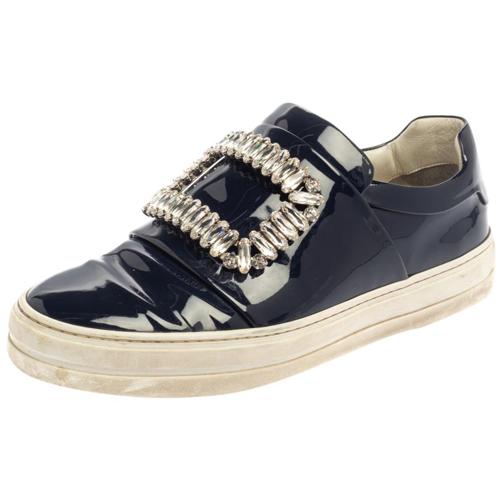 Rger Vivier Blue Patent Leather Sneaky Viv Embellished Low Top Sneakers Size 35 For Sale