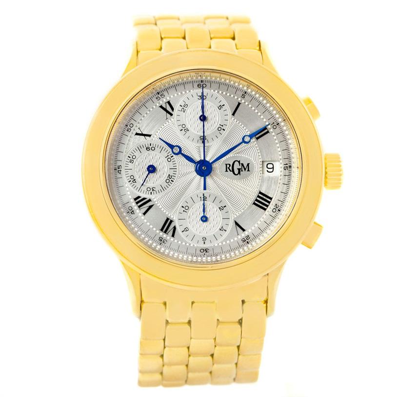 RGM 18K Yellow Gold Chronograph Mens Watch 101. Automatic self-winding movement. 18K yellow gold coined edged case 38.0 mm in diameter. Scratch resistant sapphire crystal. Silvered guilloche dial with roman numerals. Blued steel hands. Outer dot