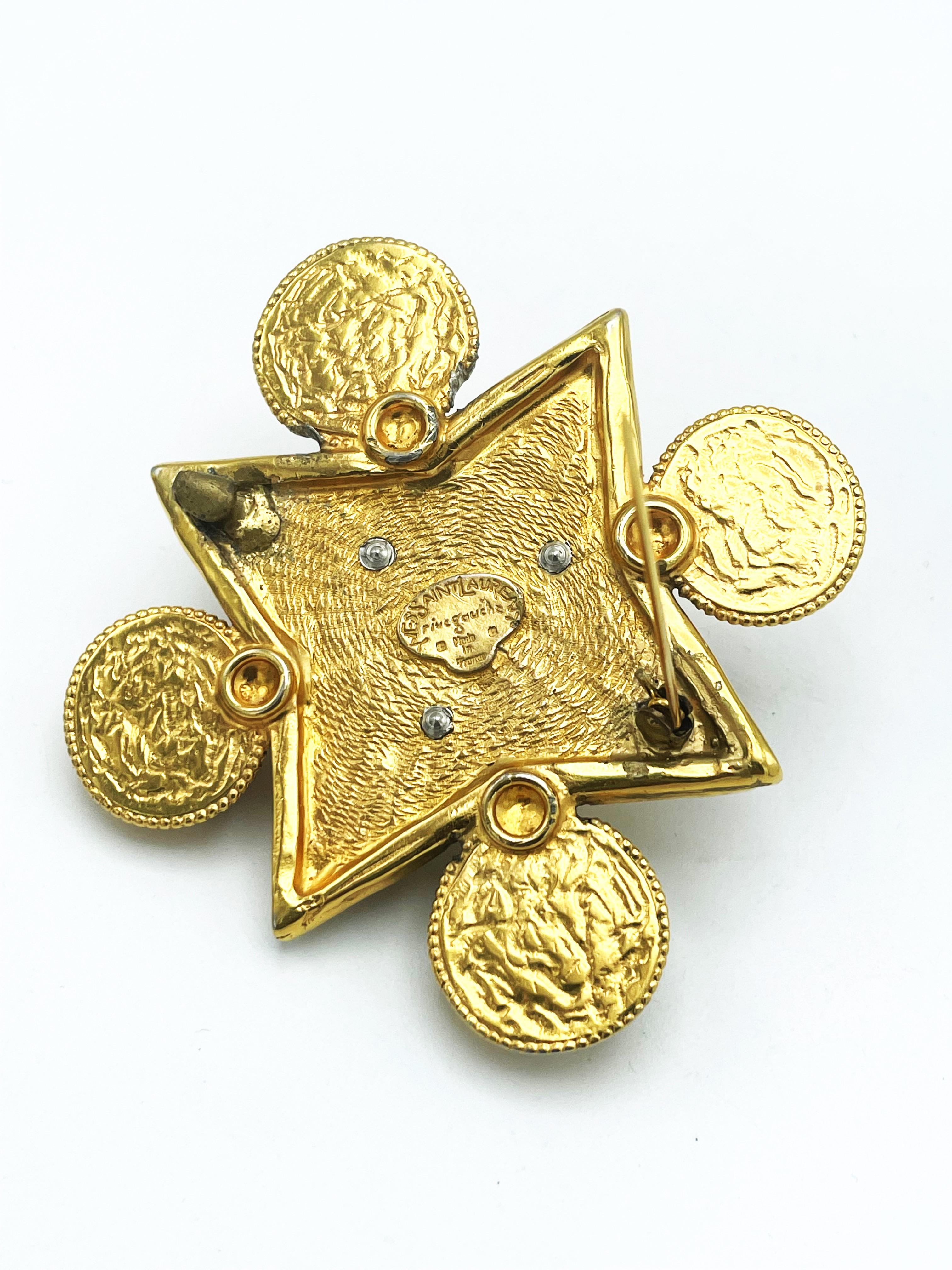 R.Goossens for YSL Paris, Rive gauch, brooch in the shape of a cross, gilt metal For Sale 2